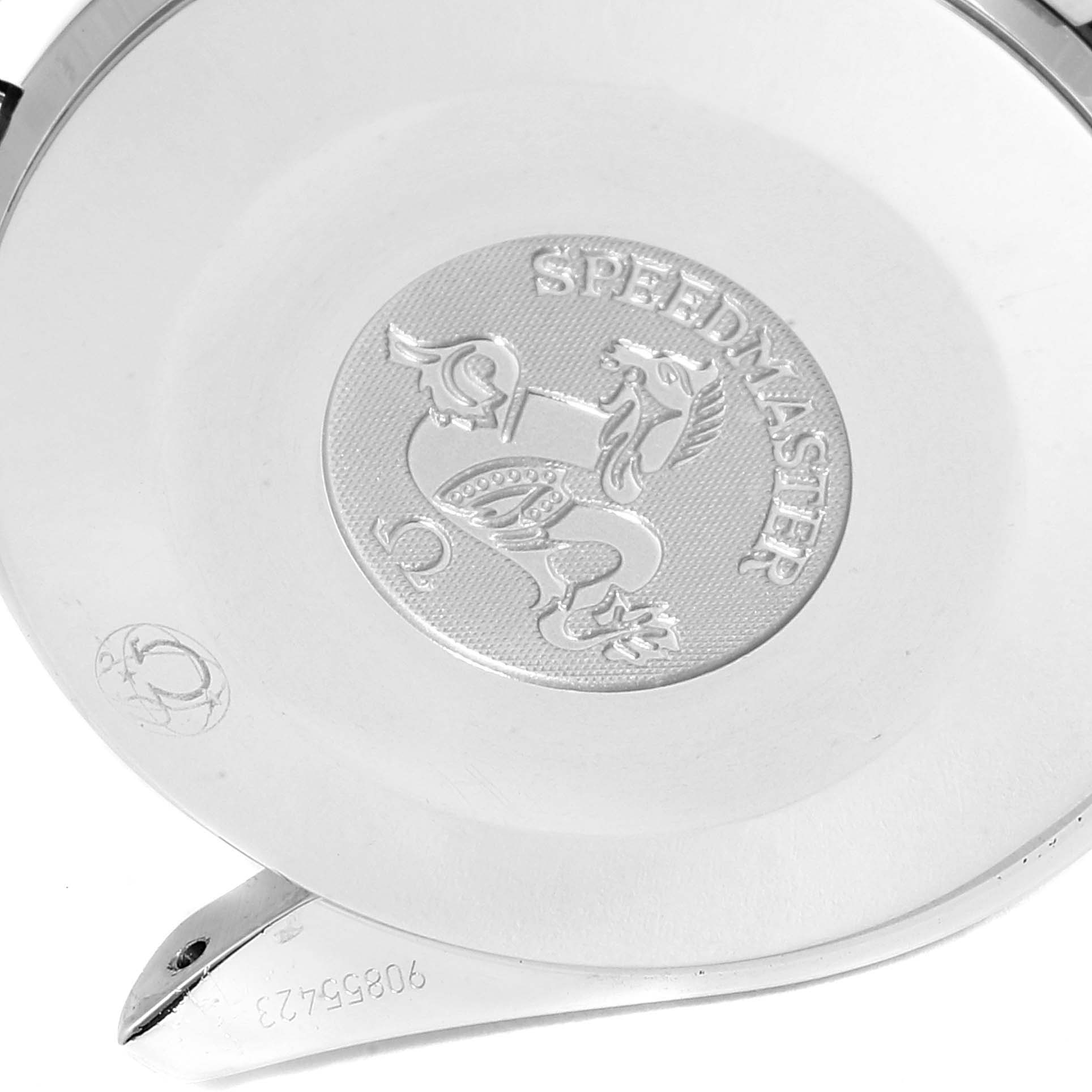 The image shows the caseback of an Omega Speedmaster 3539.50.00 Men
s Stainless Steel Black Dial 3539.50.00 Men
s Stainless Steel Black Dial watch, featuring the embossed logo and engraved serial number.