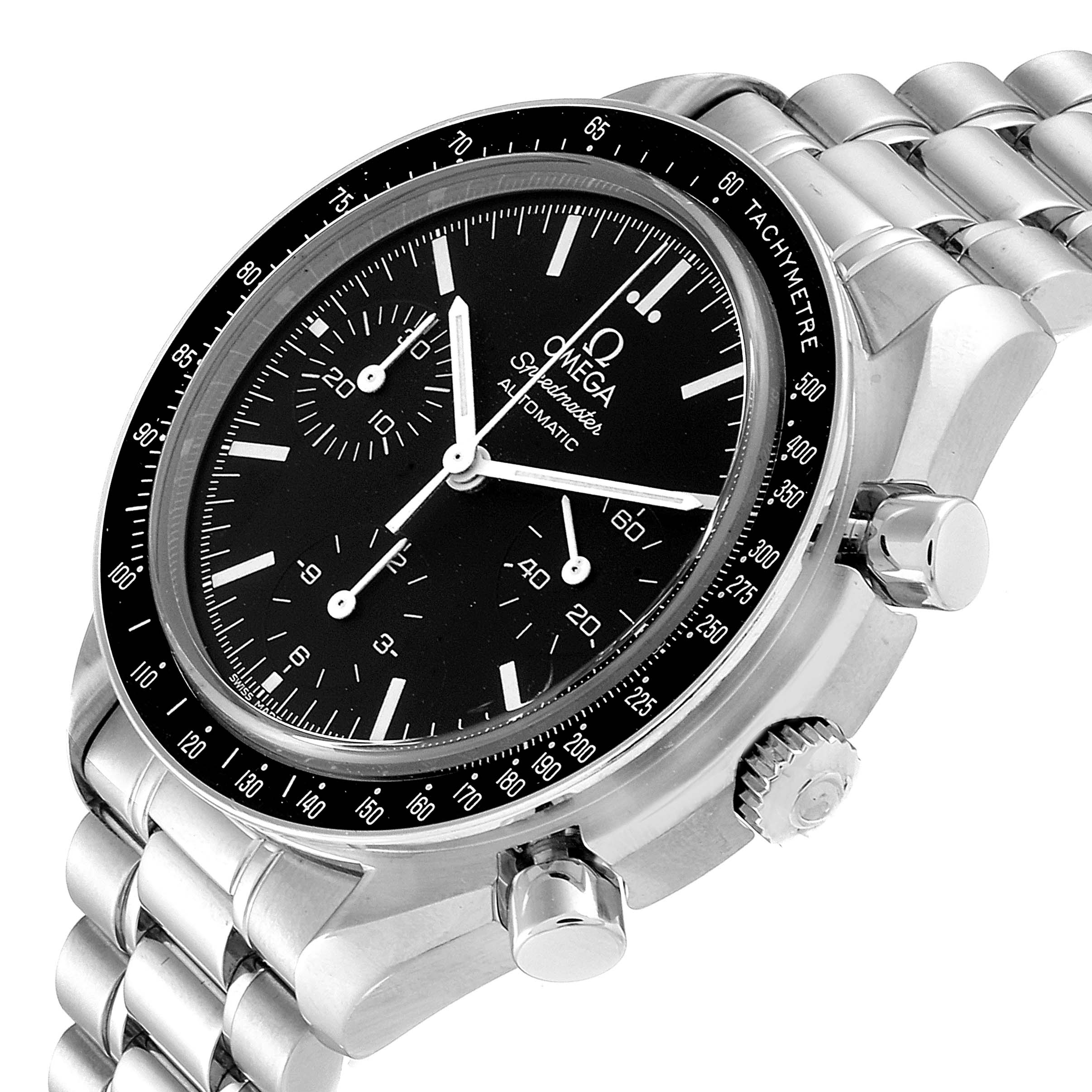 The image shows the face, bezel, and part of the bracelet of an Omega Speedmaster 3539.50.00 Men
s Stainless Steel Black Dial 3539.50.00 Men
s Stainless Steel Black Dial watch, viewed at an angle.