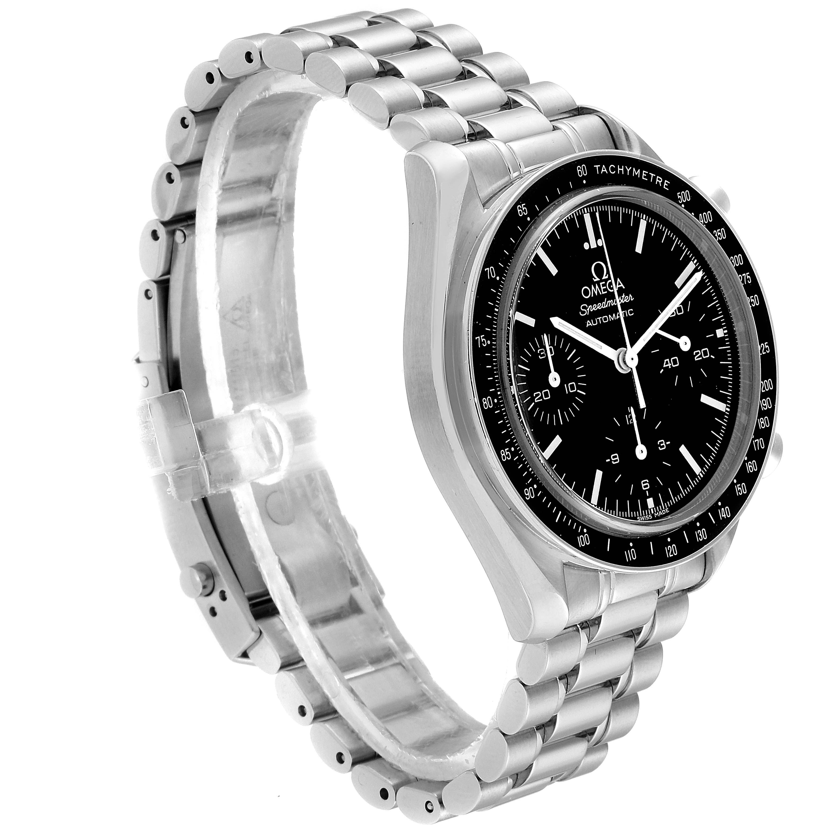 The Omega Speedmaster 3539.50.00 Men
s Stainless Steel Black Dial 3539.50.00 Men
s Stainless Steel Black Dial watch is shown at a front side angle displaying its bracelet, black dial, and tachymeter bezel.