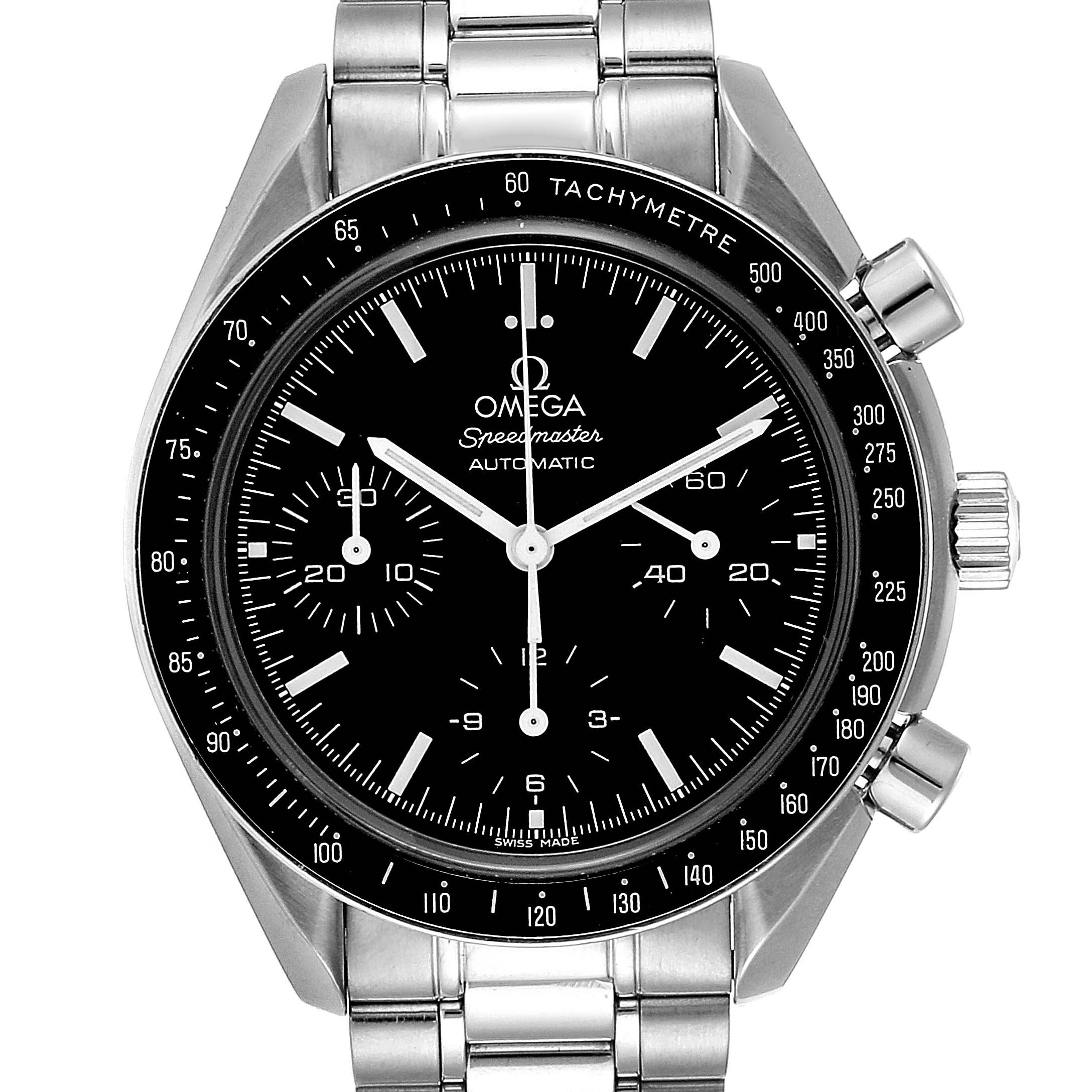 The image shows the front view of an Omega Speedmaster 3539.50.00 Men
s Stainless Steel Black Dial 3539.50.00 Men
s Stainless Steel Black Dial watch, displaying the dial, bezel, and part of the stainless steel bracelet.