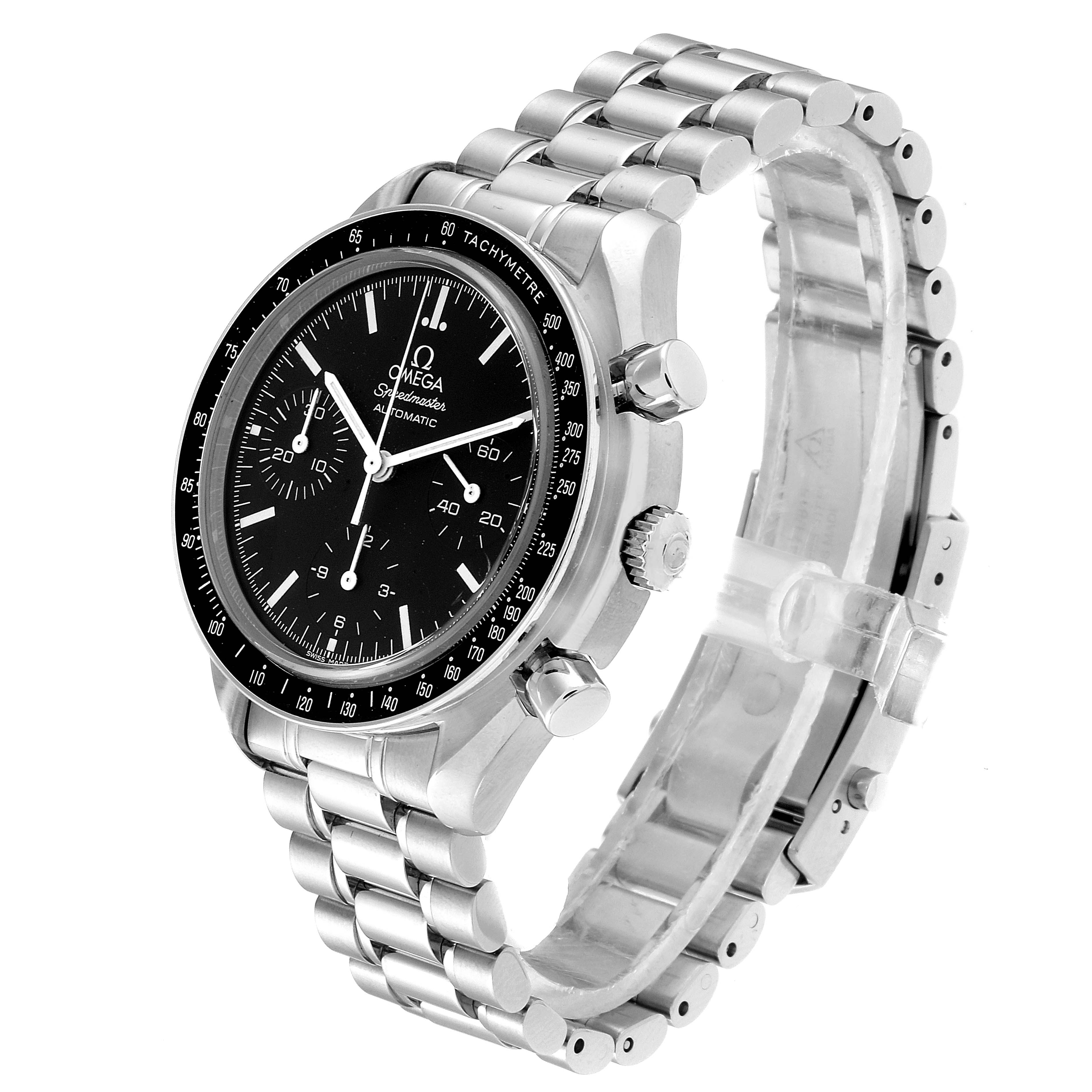 The Omega Speedmaster 3539.50.00 Men
s Stainless Steel Black Dial 3539.50.00 Men
s Stainless Steel Black Dial watch is shown at a three-quarter angle highlighting the face, crown, and metal bracelet.