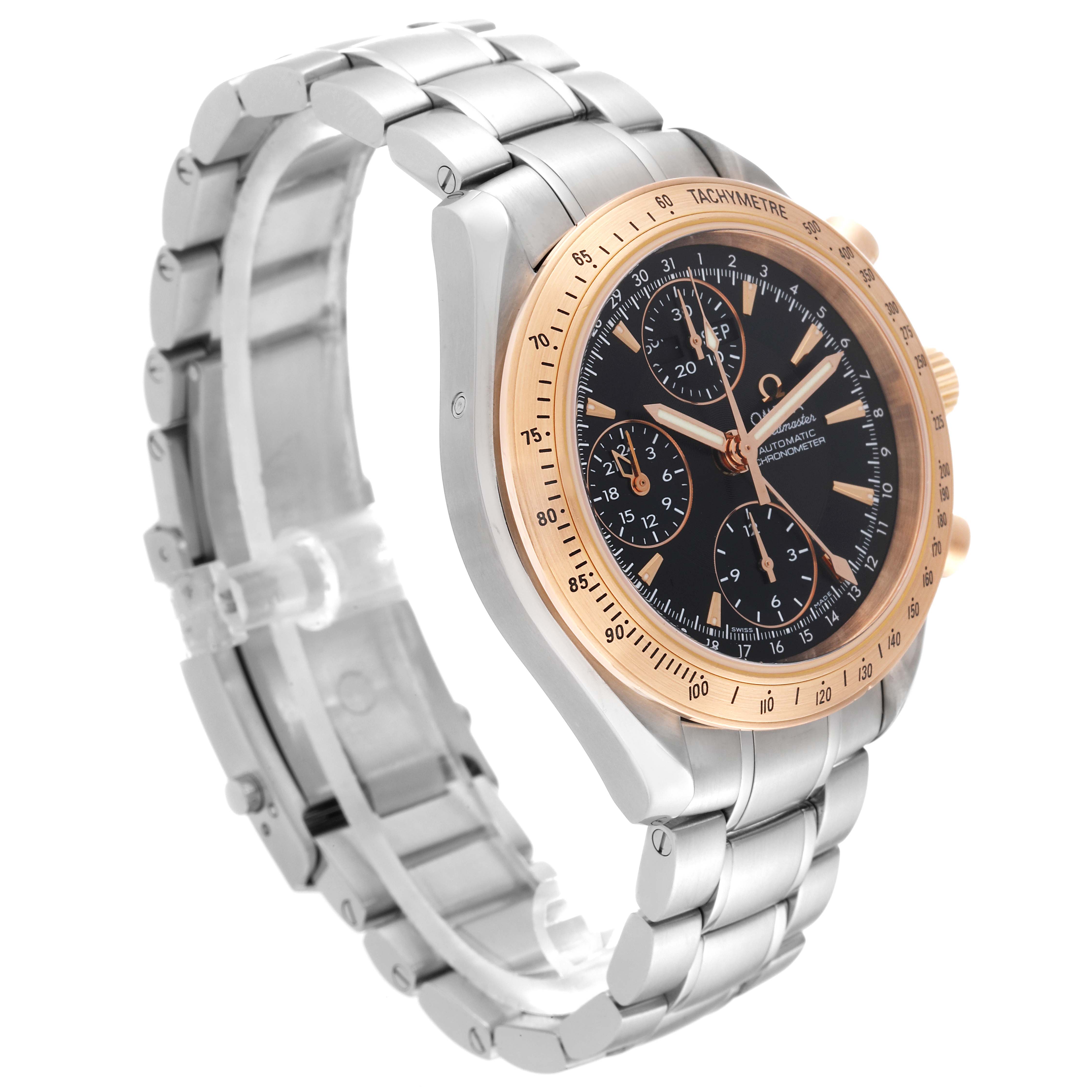 An Omega Speedmaster 323.21.40.44.01.001 Men's Steel and Gold (two tone) Black Dial 323.21.40.44.01.001 Men's Steel and Gold (two tone) Black Dial watch is shown from an angled side view, highlighting its stainless steel bracelet and gold bezel.