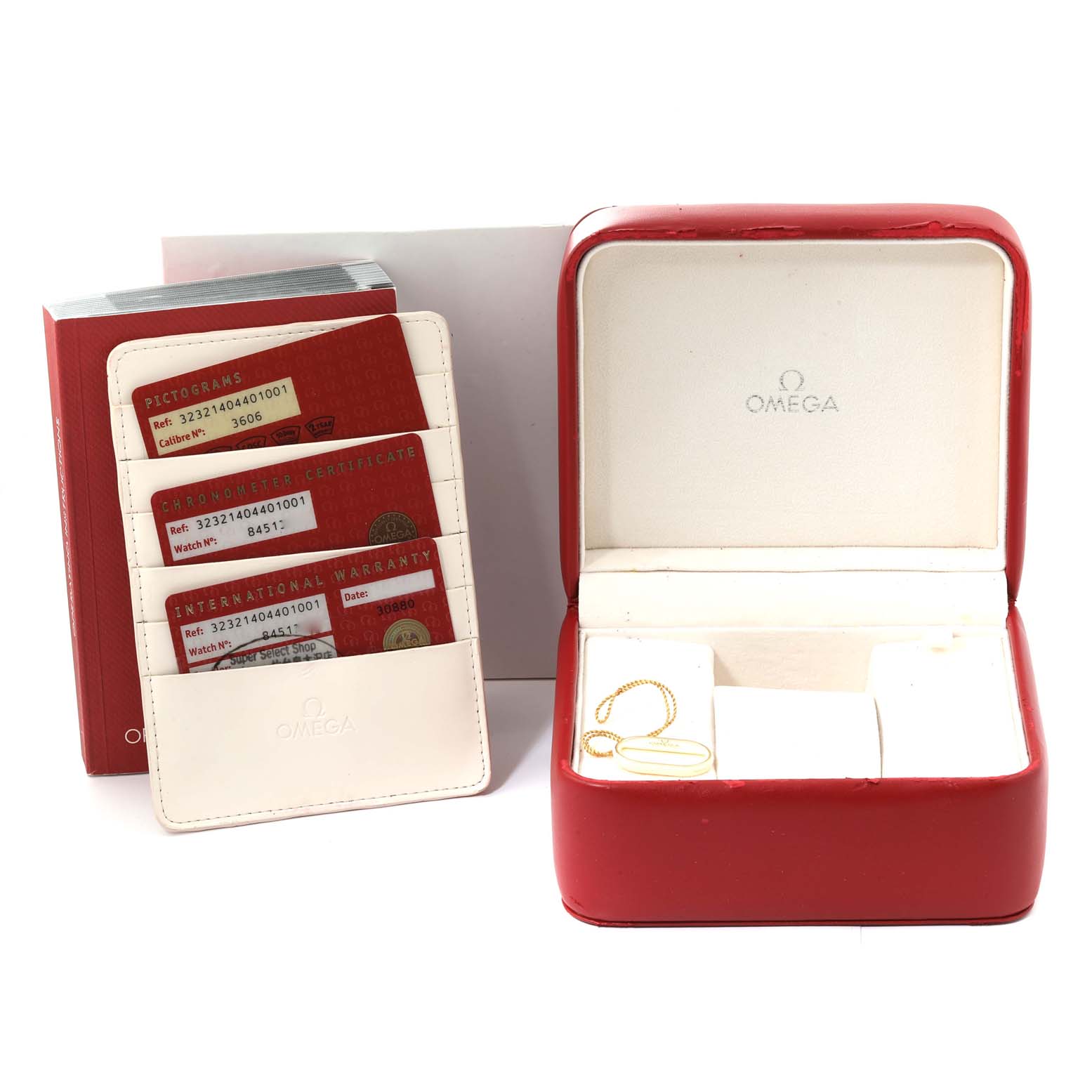 The image shows an Omega Speedmaster 323.21.40.44.01.001 Men's Steel and Gold (two tone) Black Dial 323.21.40.44.01.001 Men's Steel and Gold (two tone) Black Dial watch box, certificates, and a few links for the bracelet.