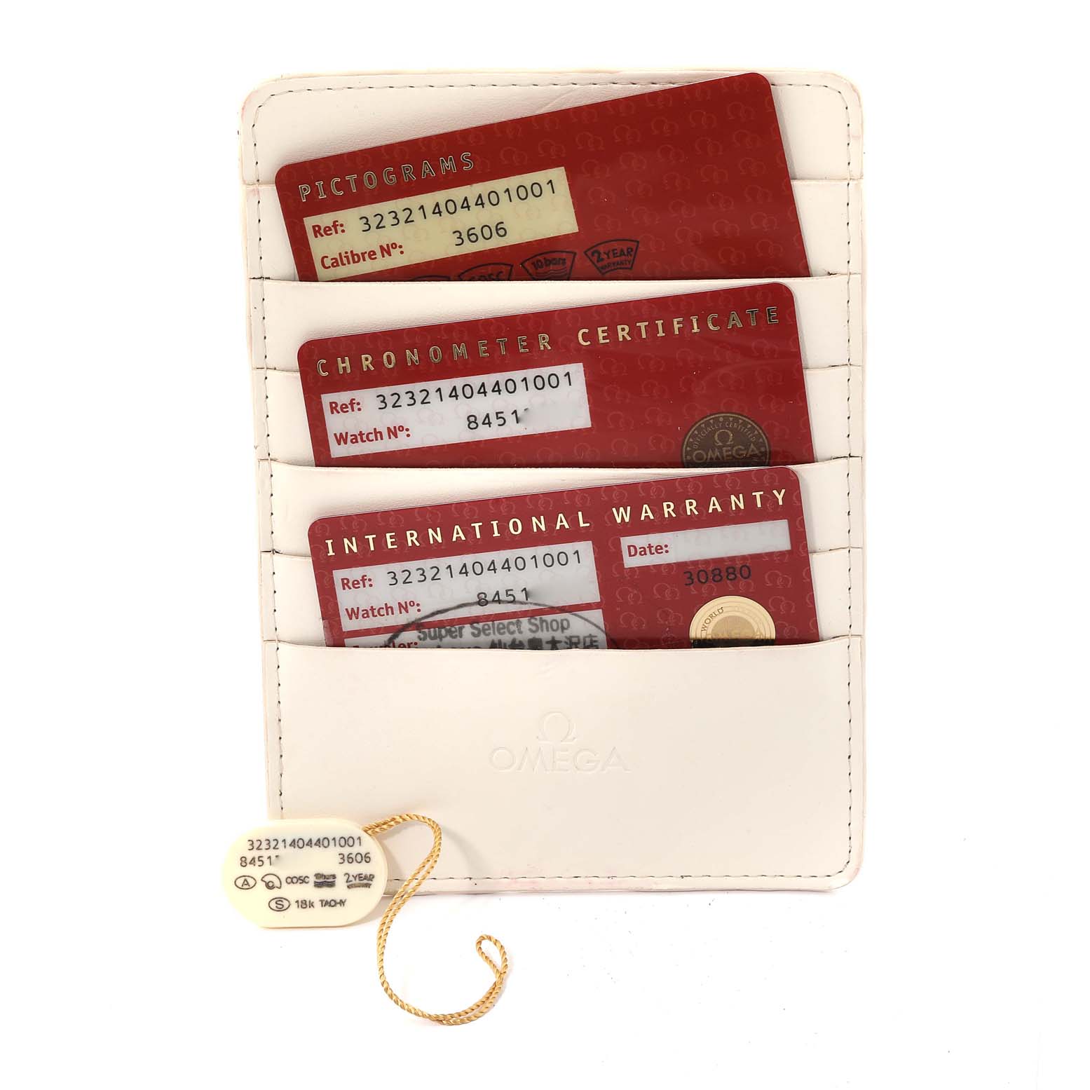 The image shows Omega Speedmaster 323.21.40.44.01.001 Men's Steel and Gold (two tone) Black Dial 323.21.40.44.01.001 Men's Steel and Gold (two tone) Black Dial cards, including Pictograms, Chronometer Certificate, and International Warranty, in a white holder.