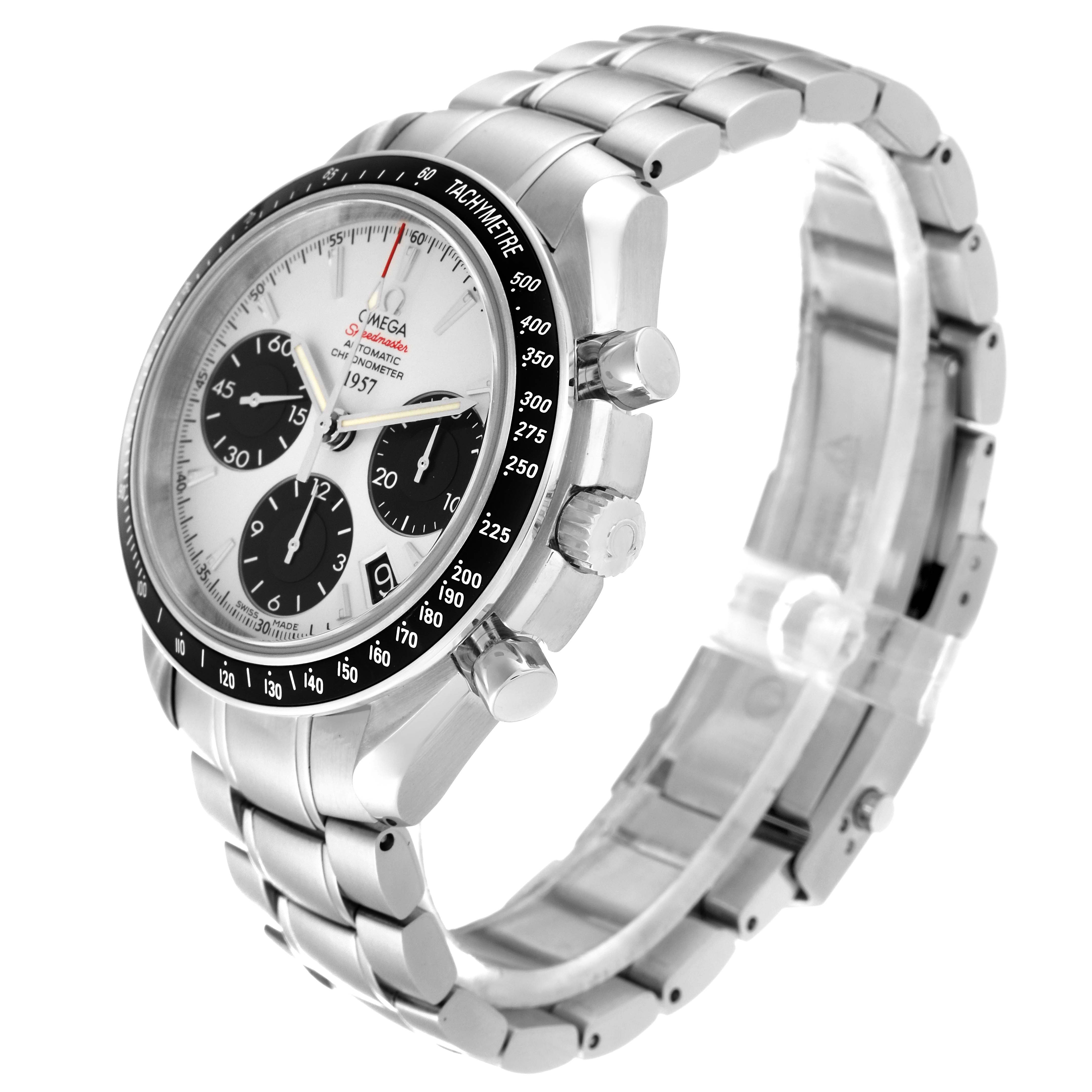 This image shows a side angle of the Omega Speedmaster 323.30.40.40.02.001 Men
s Stainless Steel White Dial 323.30.40.40.02.001 Men
s Stainless Steel White Dial watch, highlighting its bezel, dial, three sub-dials, and metal bracelet.