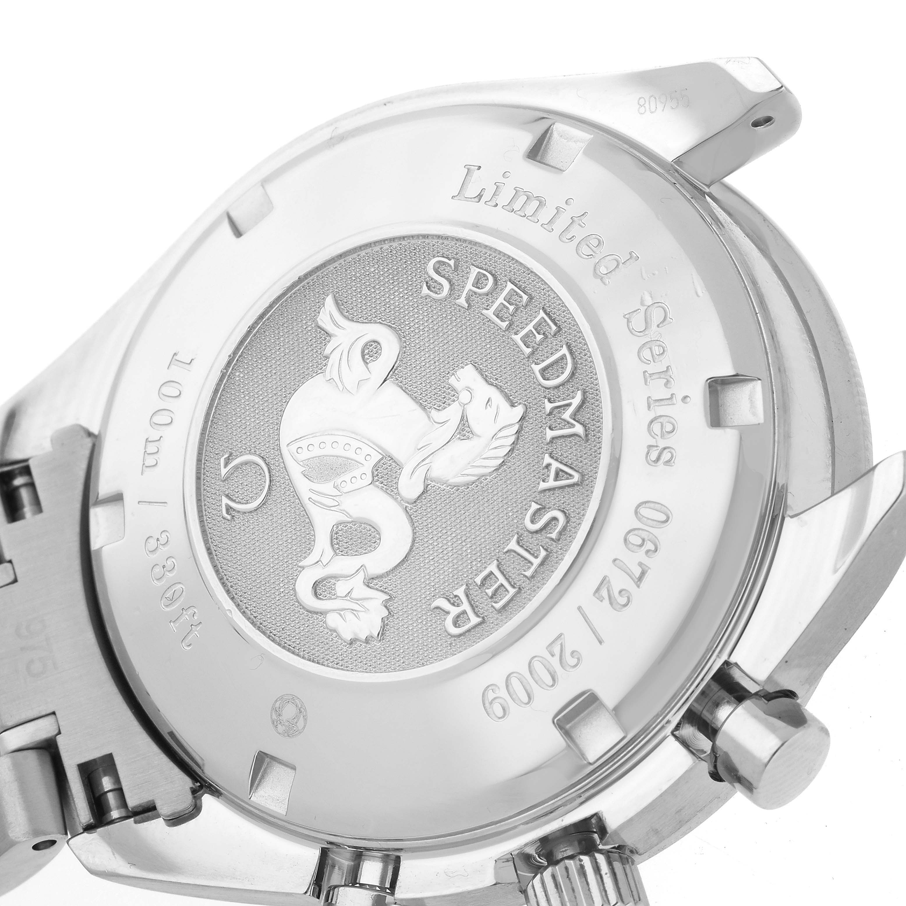 This image shows the case back and part of the bracelet of an Omega Speedmaster 323.30.40.40.02.001 Men
s Stainless Steel White Dial 323.30.40.40.02.001 Men
s Stainless Steel White Dial watch, featuring markings of a limited series.