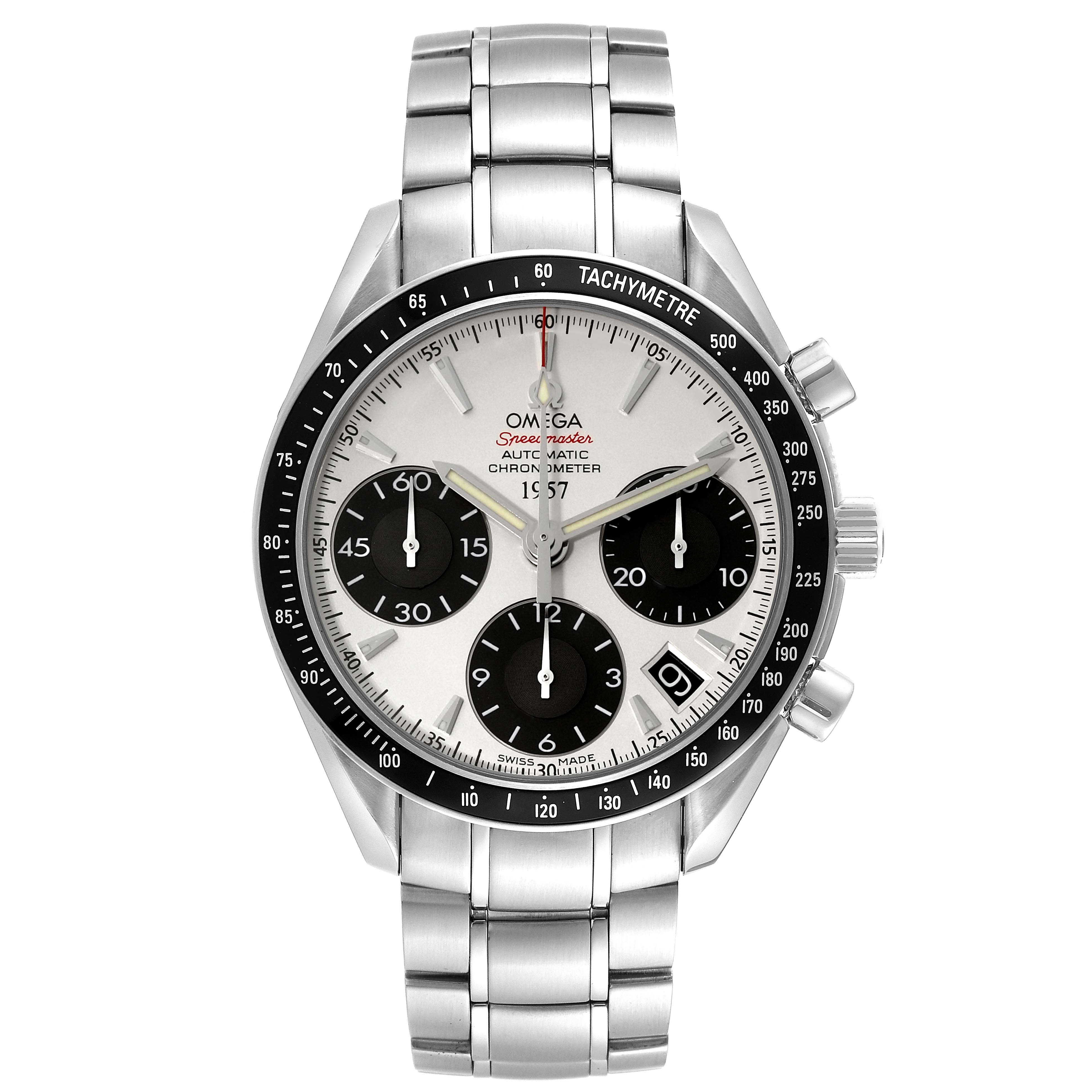 This image shows a frontal view of an Omega Speedmaster 323.30.40.40.02.001 Men
s Stainless Steel White Dial 323.30.40.40.02.001 Men
s Stainless Steel White Dial watch, highlighting its stainless steel case and bracelet, chronograph subdials, and tachymetre bezel.