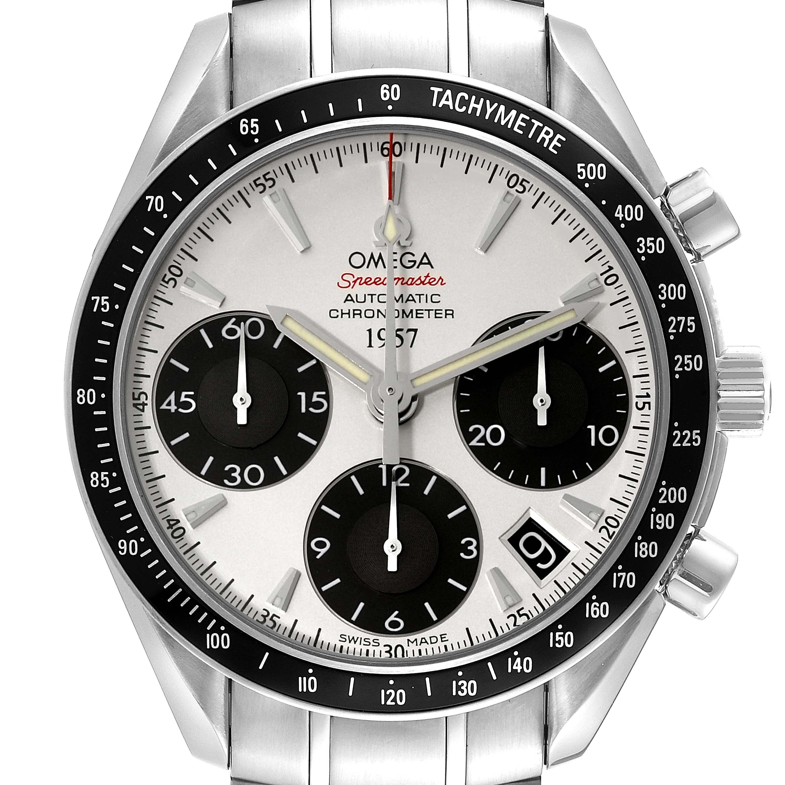 The image shows a front view of the Omega Speedmaster 323.30.40.40.02.001 Men
s Stainless Steel White Dial 323.30.40.40.02.001 Men
s Stainless Steel White Dial watch, highlighting its tachymeter bezel and chronograph sub-dials.