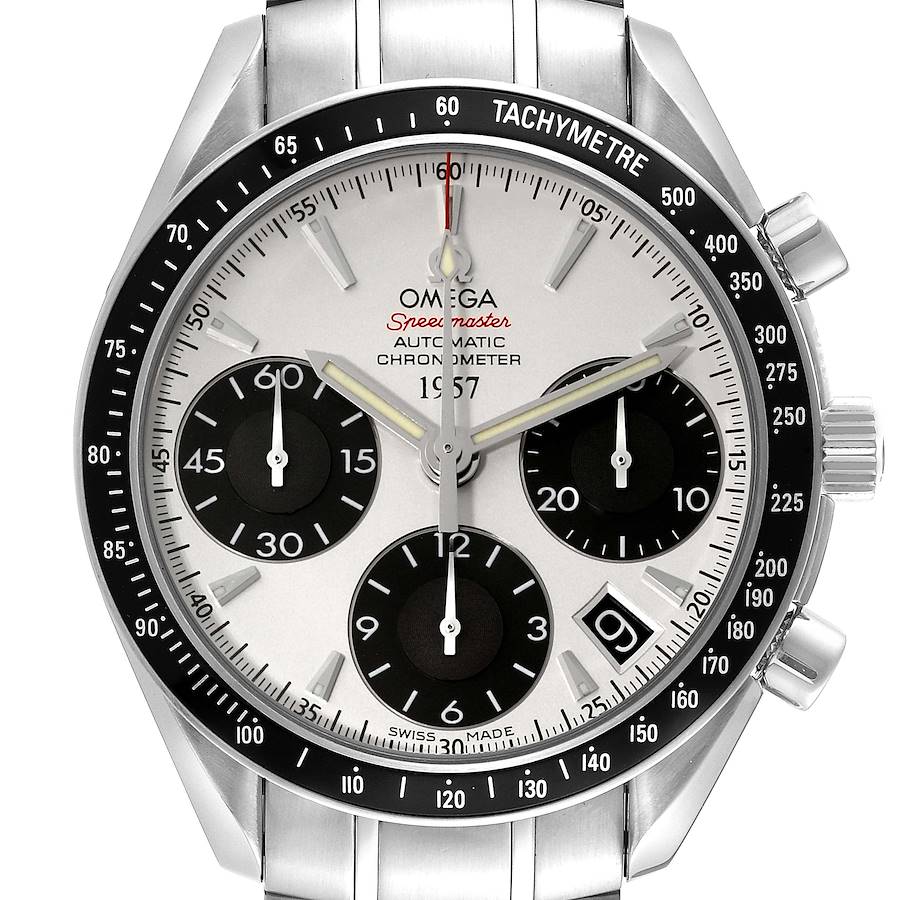 The image shows a front view of the Omega Speedmaster watch, highlighting its tachymeter bezel and chronograph sub-dials.