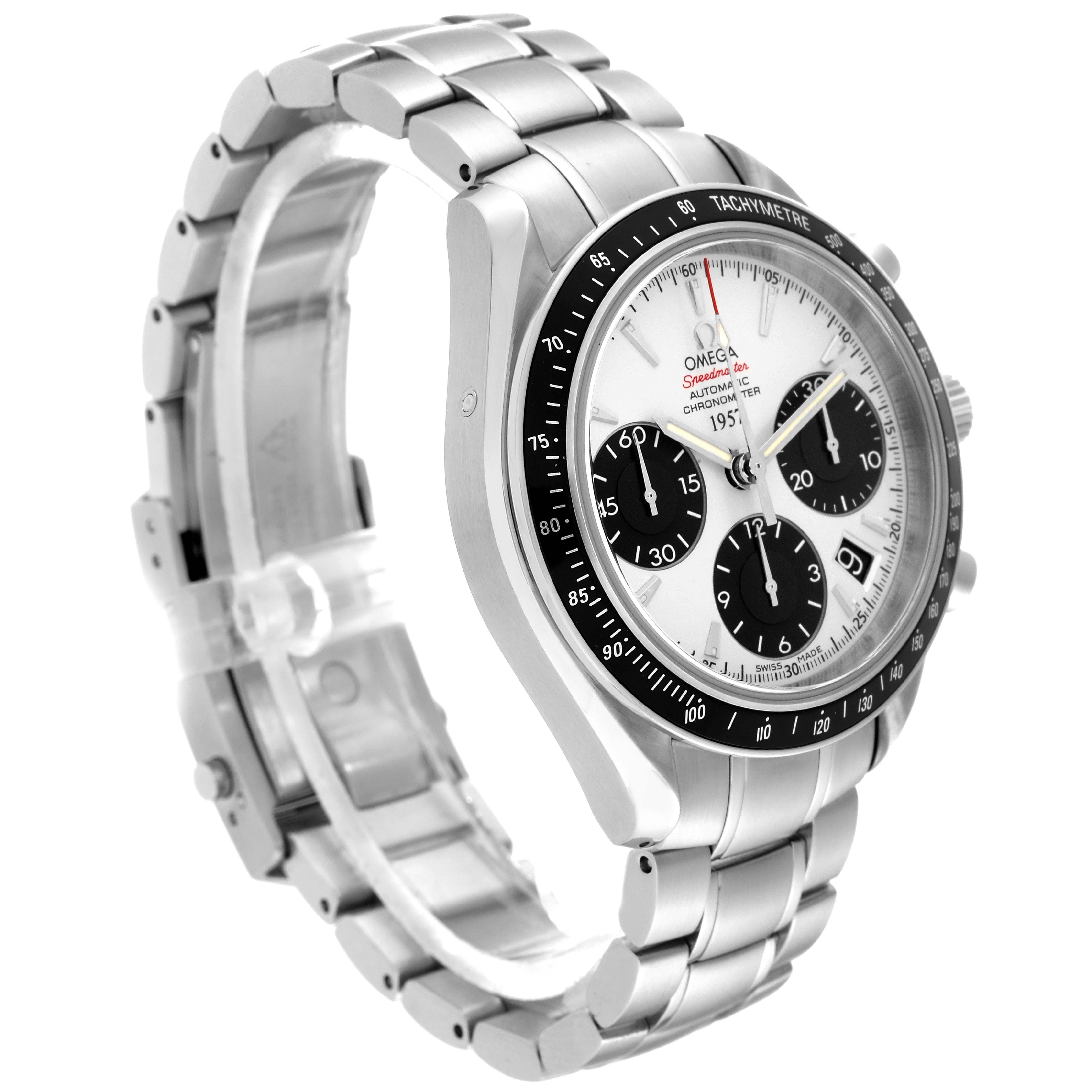 The image shows an angled view of an Omega Speedmaster 323.30.40.40.02.001 Men
s Stainless Steel White Dial 323.30.40.40.02.001 Men
s Stainless Steel White Dial, displaying its dial, stainless steel bracelet, and tachymetre bezel.