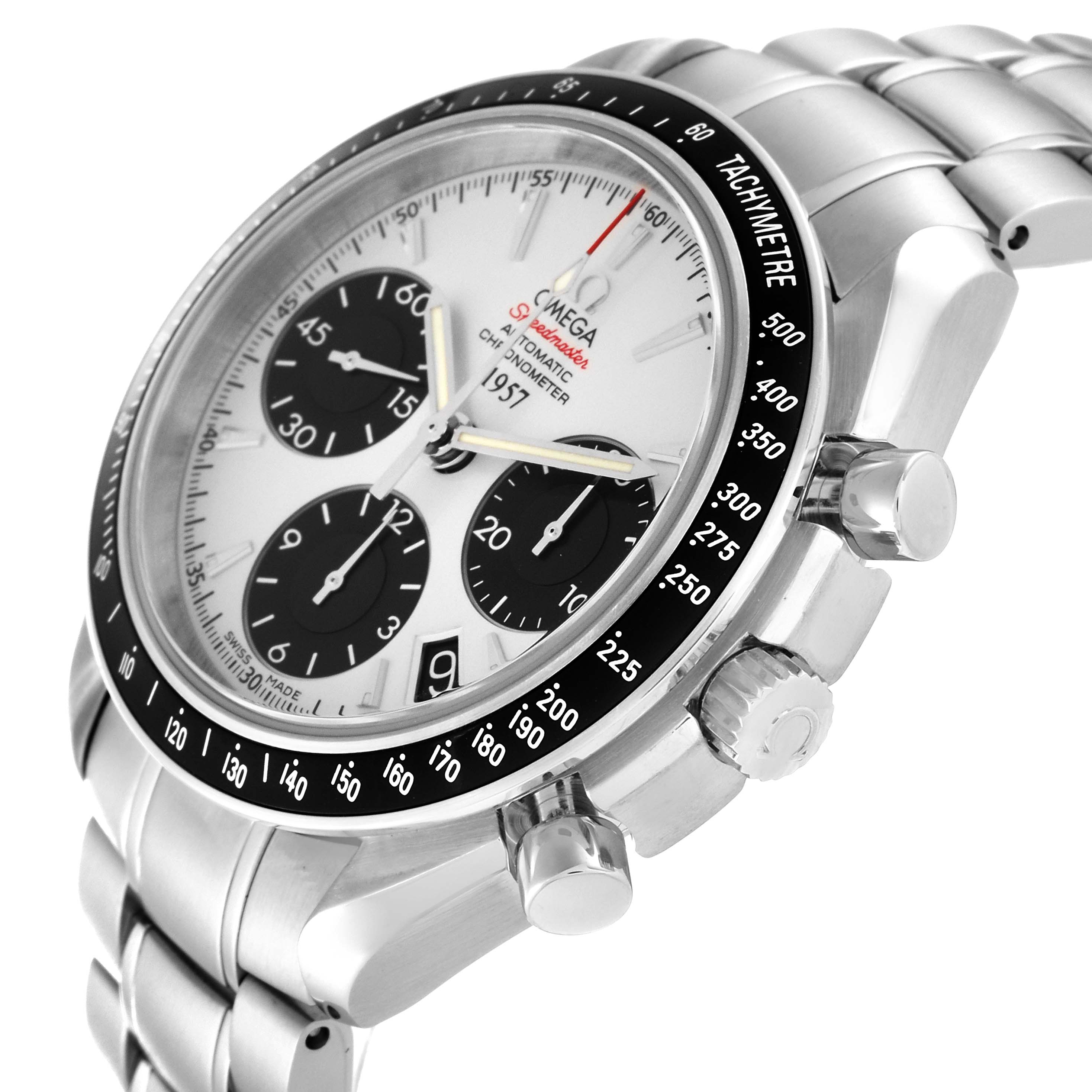 The watch is an Omega Speedmaster 323.30.40.40.02.001 Men
s Stainless Steel White Dial 323.30.40.40.02.001 Men
s Stainless Steel White Dial model shown at an angle highlighting the face, bezel, pushers, and part of the bracelet.
