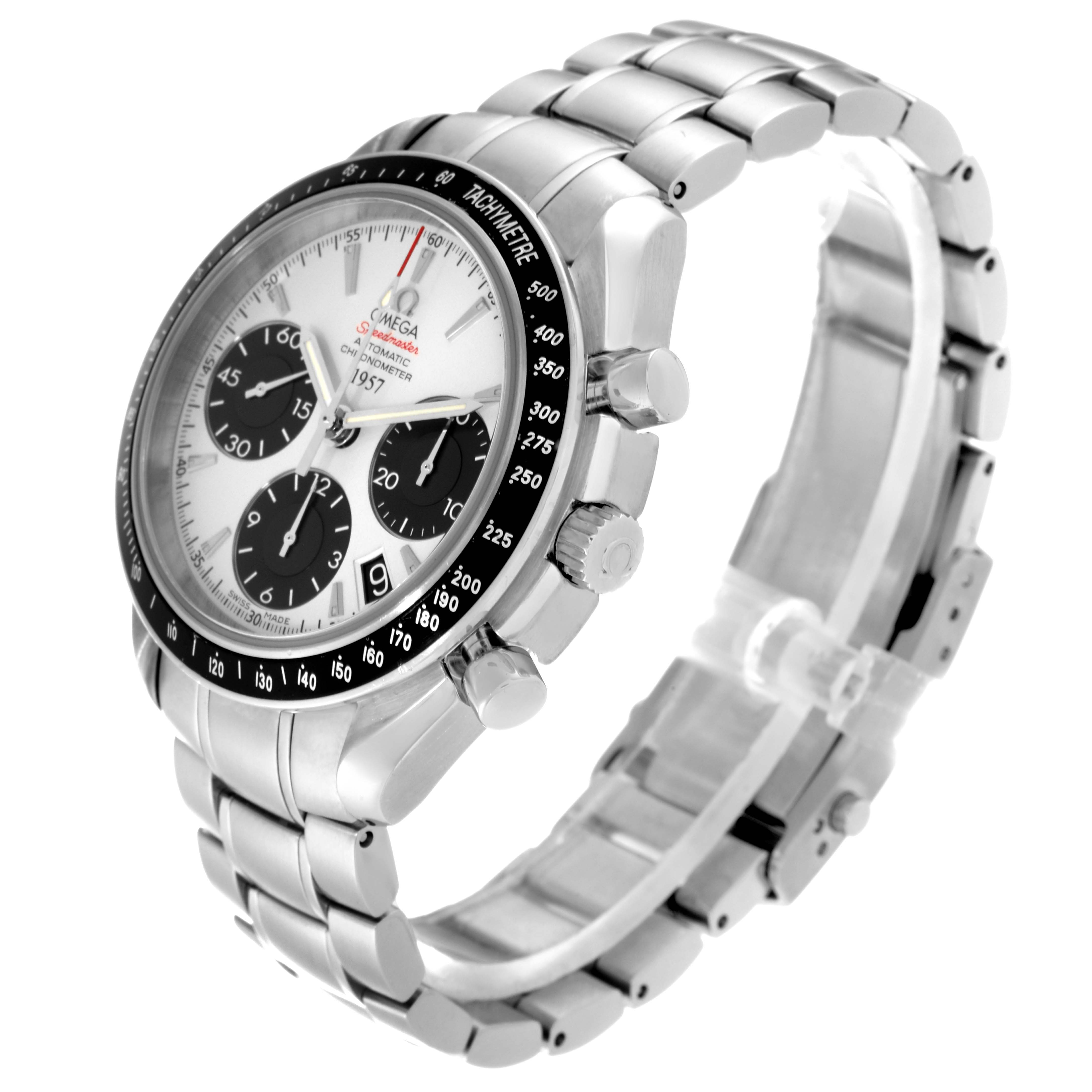 The Omega Speedmaster 323.30.40.40.02.001 Men
s Stainless Steel Silver Dial 323.30.40.40.02.001 Men
s Stainless Steel Silver Dial watch is shown at a three-quarter angle highlighting the dial, chronograph buttons, and stainless steel bracelet.