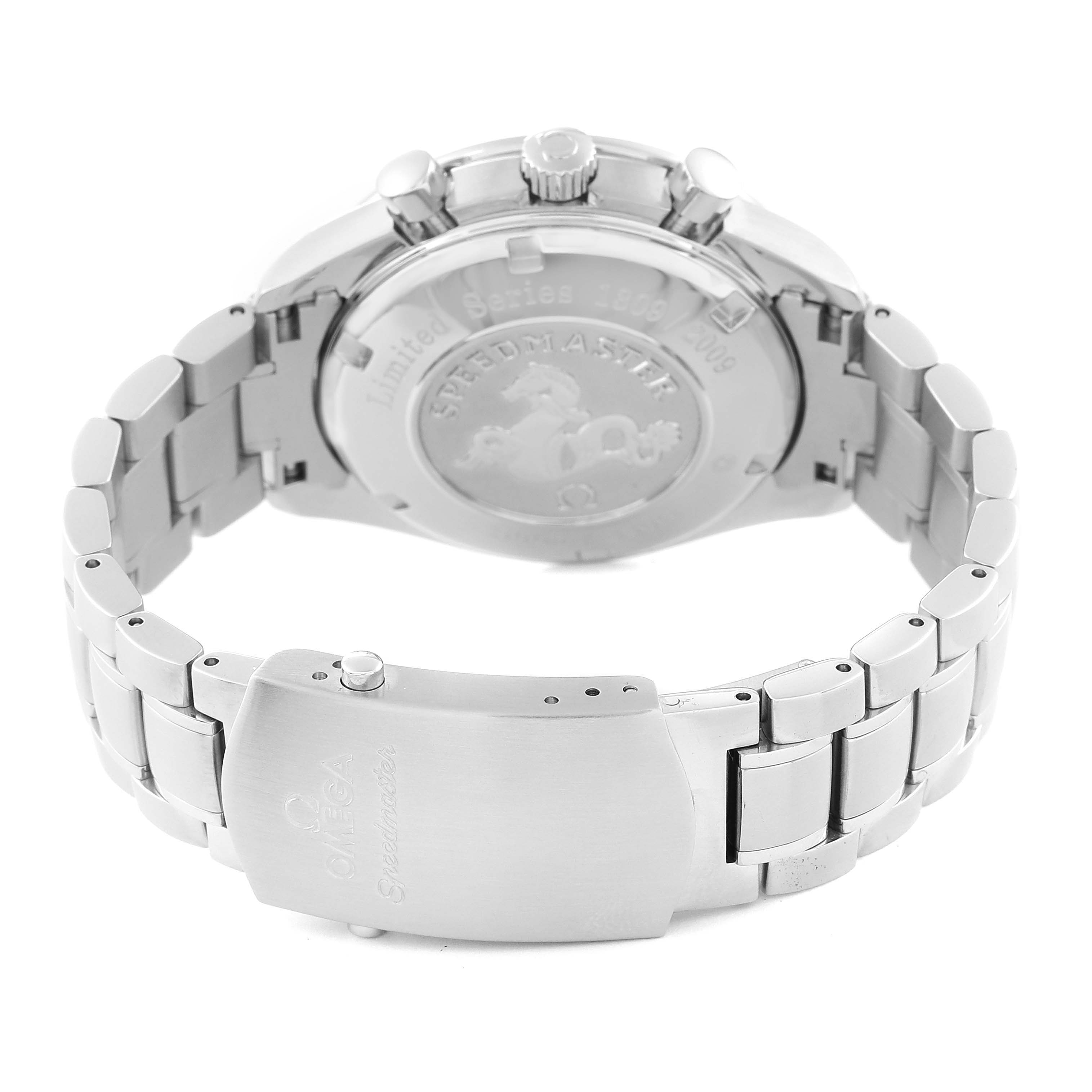 The image displays the back view of an Omega Speedmaster 323.30.40.40.02.001 Men
s Stainless Steel Silver Dial 323.30.40.40.02.001 Men
s Stainless Steel Silver Dial watch, showing its case back and metal bracelet.