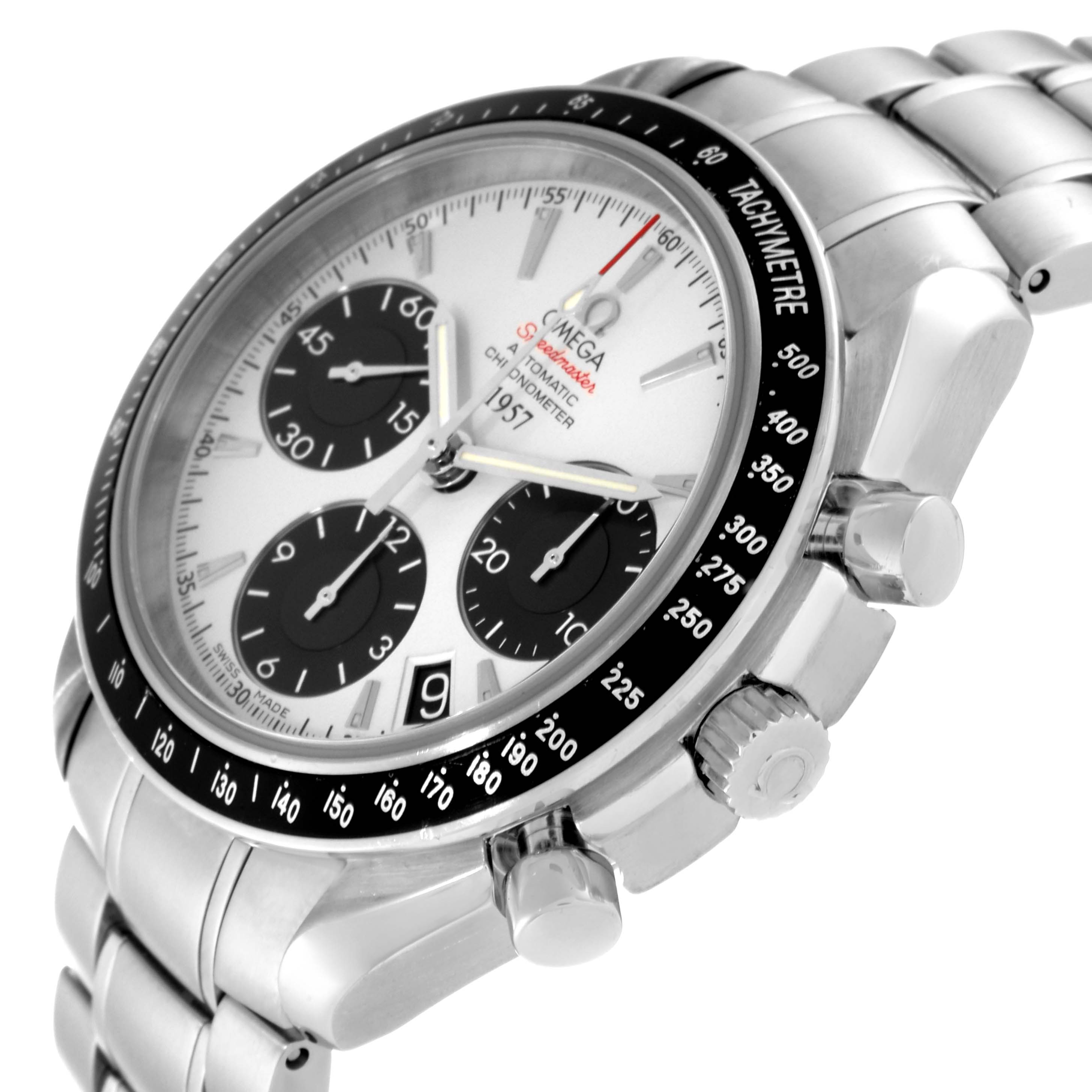 The Omega Speedmaster 323.30.40.40.02.001 Men
s Stainless Steel Silver Dial 323.30.40.40.02.001 Men
s Stainless Steel Silver Dial watch is shown at an oblique angle displaying the dial, bezel, chronograph subdials, and part of the bracelet.