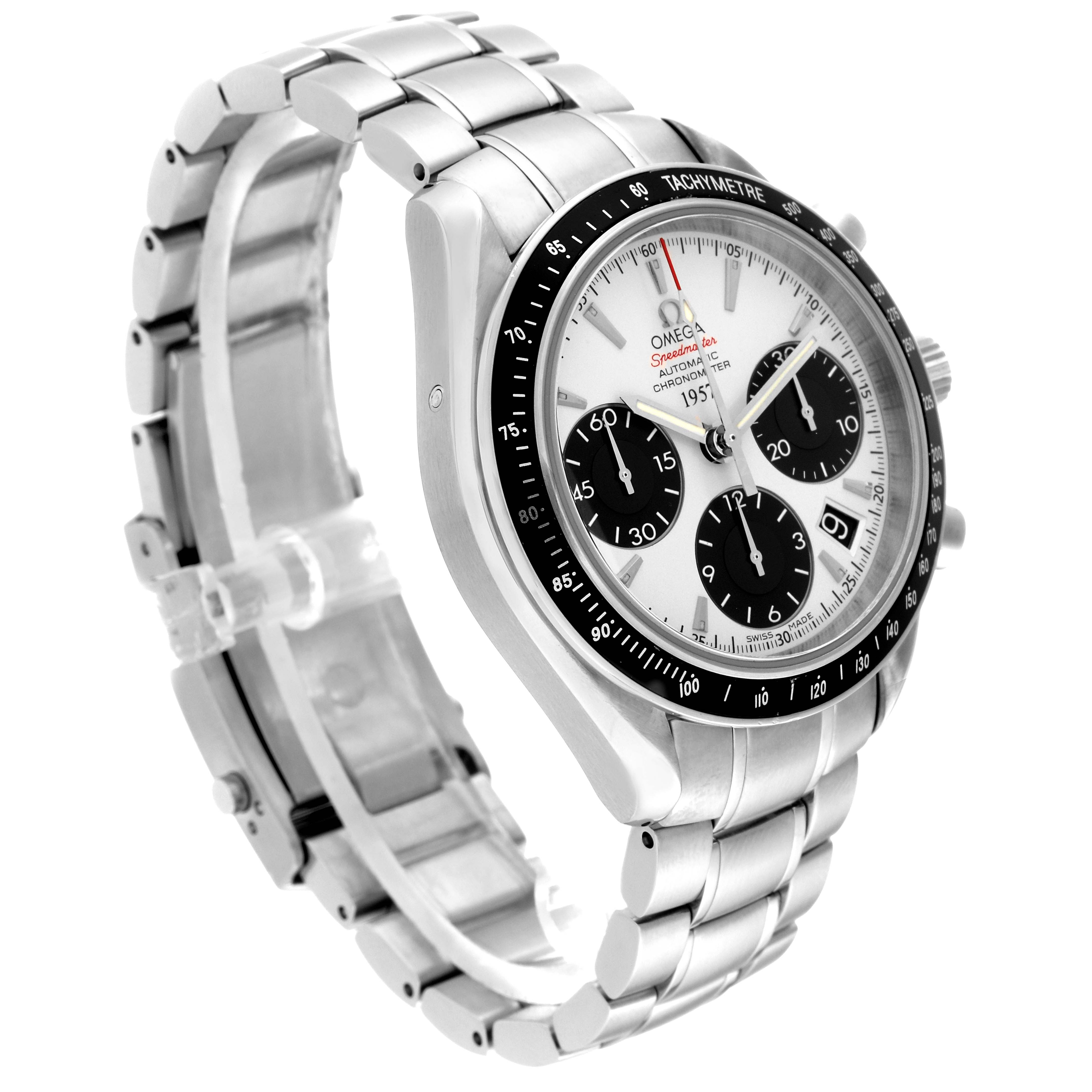 The Omega Speedmaster 323.30.40.40.02.001 Men
s Stainless Steel Silver Dial 323.30.40.40.02.001 Men
s Stainless Steel Silver Dial watch is shown at a three-quarter angle, displaying the face, bracelet, and side profile.