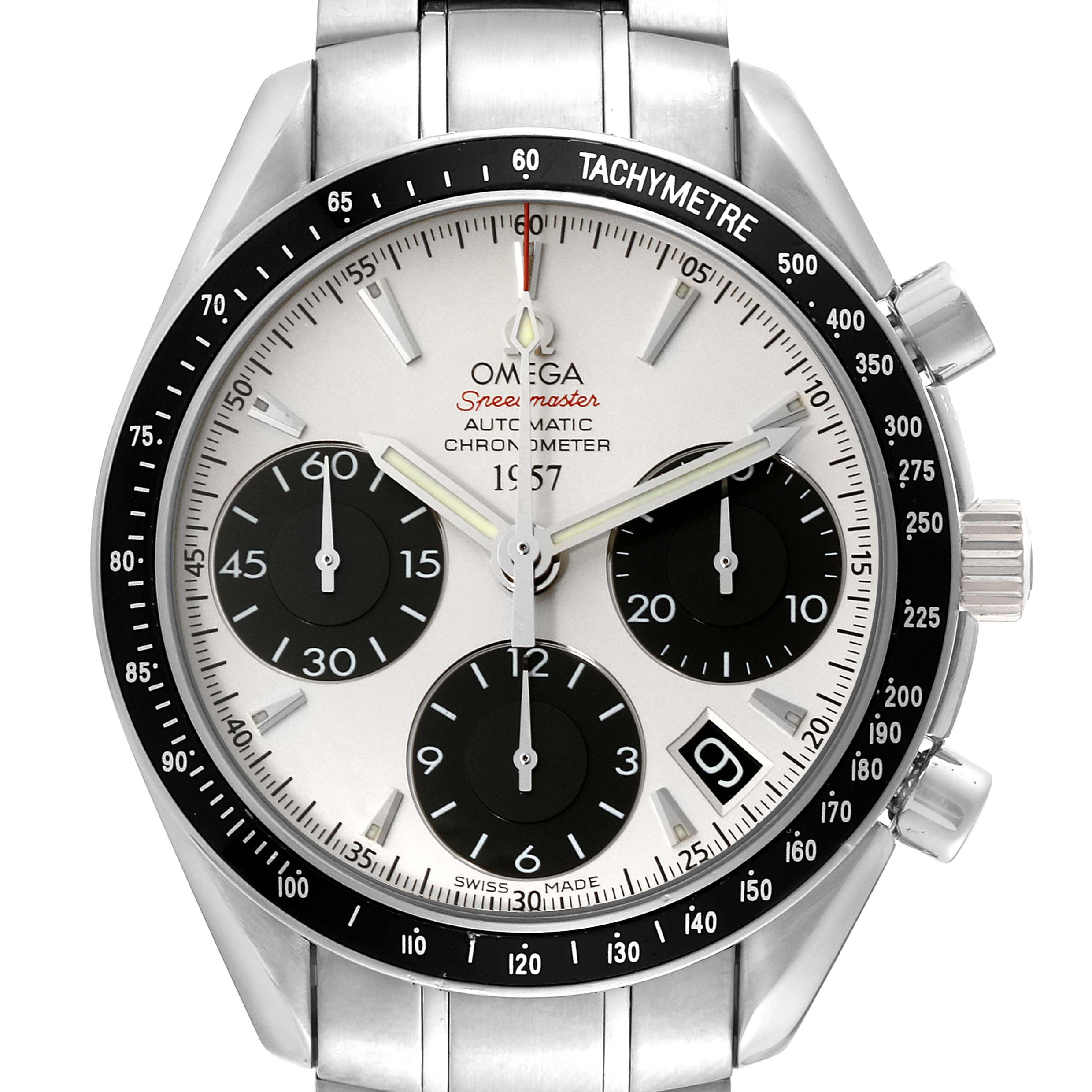 The image shows a front view of the Omega Speedmaster 323.30.40.40.02.001 Men
s Stainless Steel Silver Dial 323.30.40.40.02.001 Men
s Stainless Steel Silver Dial watch, highlighting the dial, chronograph subdials, and tachymeter bezel.