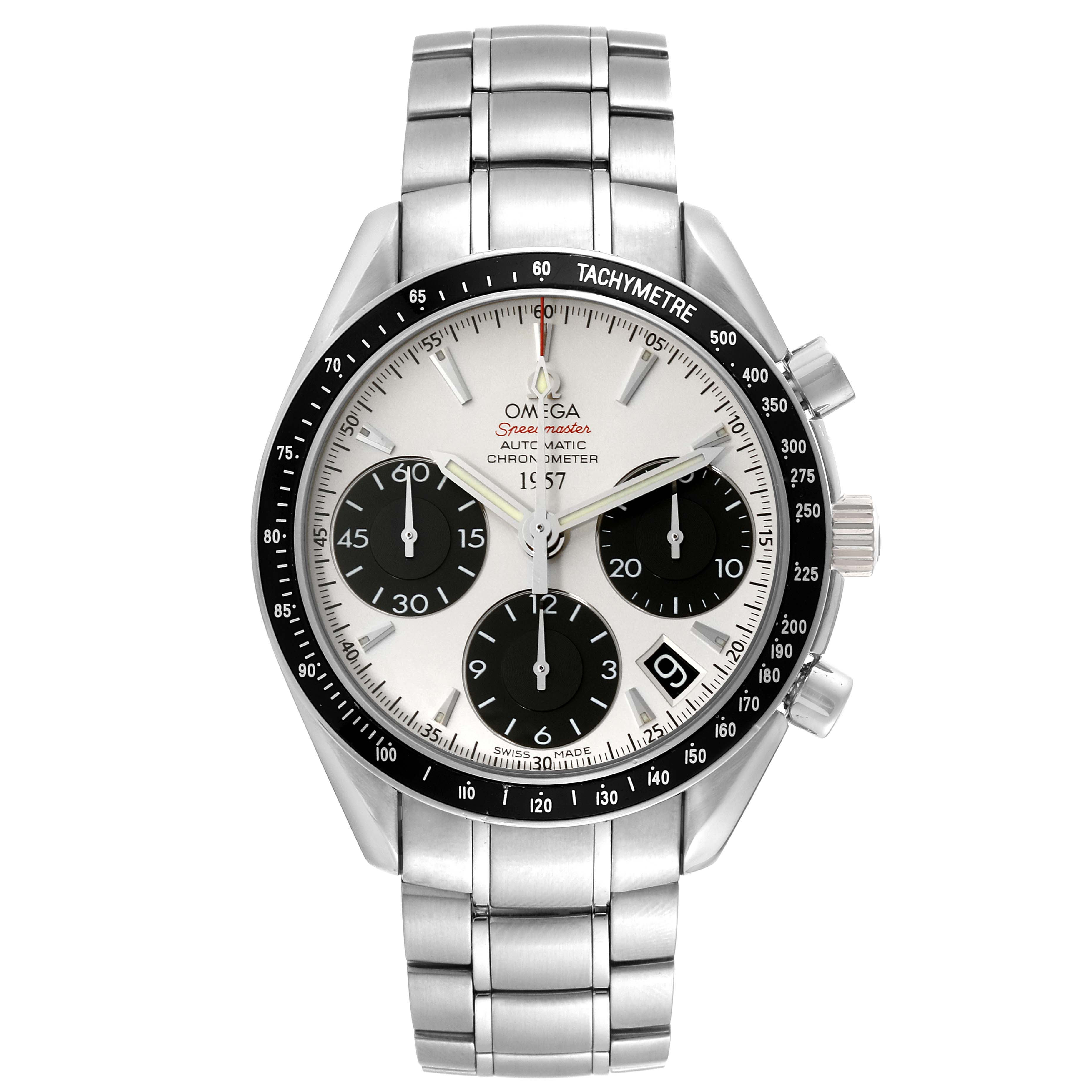This image shows a front view of the Omega Speedmaster 323.30.40.40.02.001 Men
s Stainless Steel Silver Dial 323.30.40.40.02.001 Men
s Stainless Steel Silver Dial watch, highlighting its dial, tachymeter bezel, and metal bracelet.
