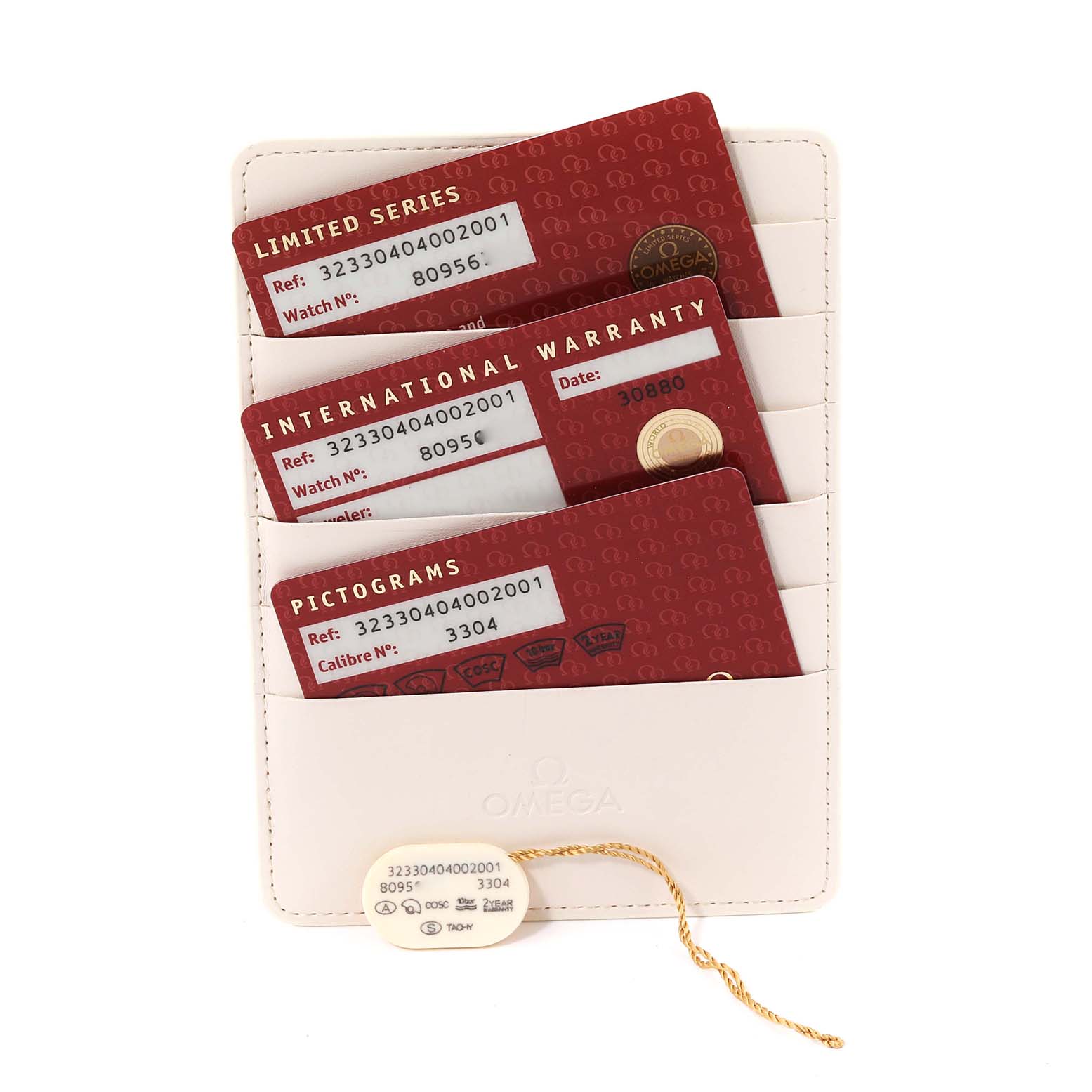 The image shows warranty cards and a limited series card for the Omega Speedmaster 323.30.40.40.02.001 Men
s Stainless Steel Silver Dial 323.30.40.40.02.001 Men
s Stainless Steel Silver Dial model, along with a branded cardholder.