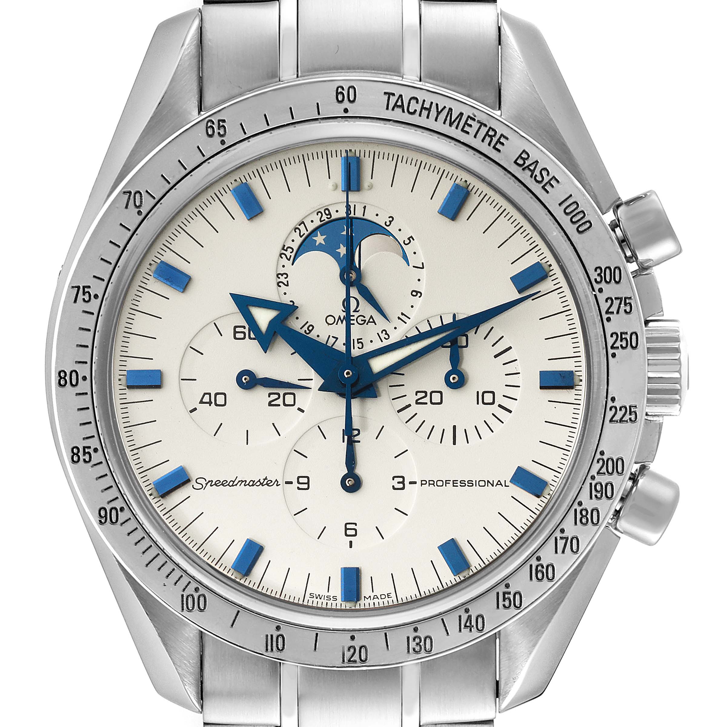 The image shows a front angle of the Omega Speedmaster 3575.20.00 Men
s Stainless Steel White Dial 3575.20.00 Men
s Stainless Steel White Dial watch, displaying the dial, subdials, tachymeter, and moonphase.