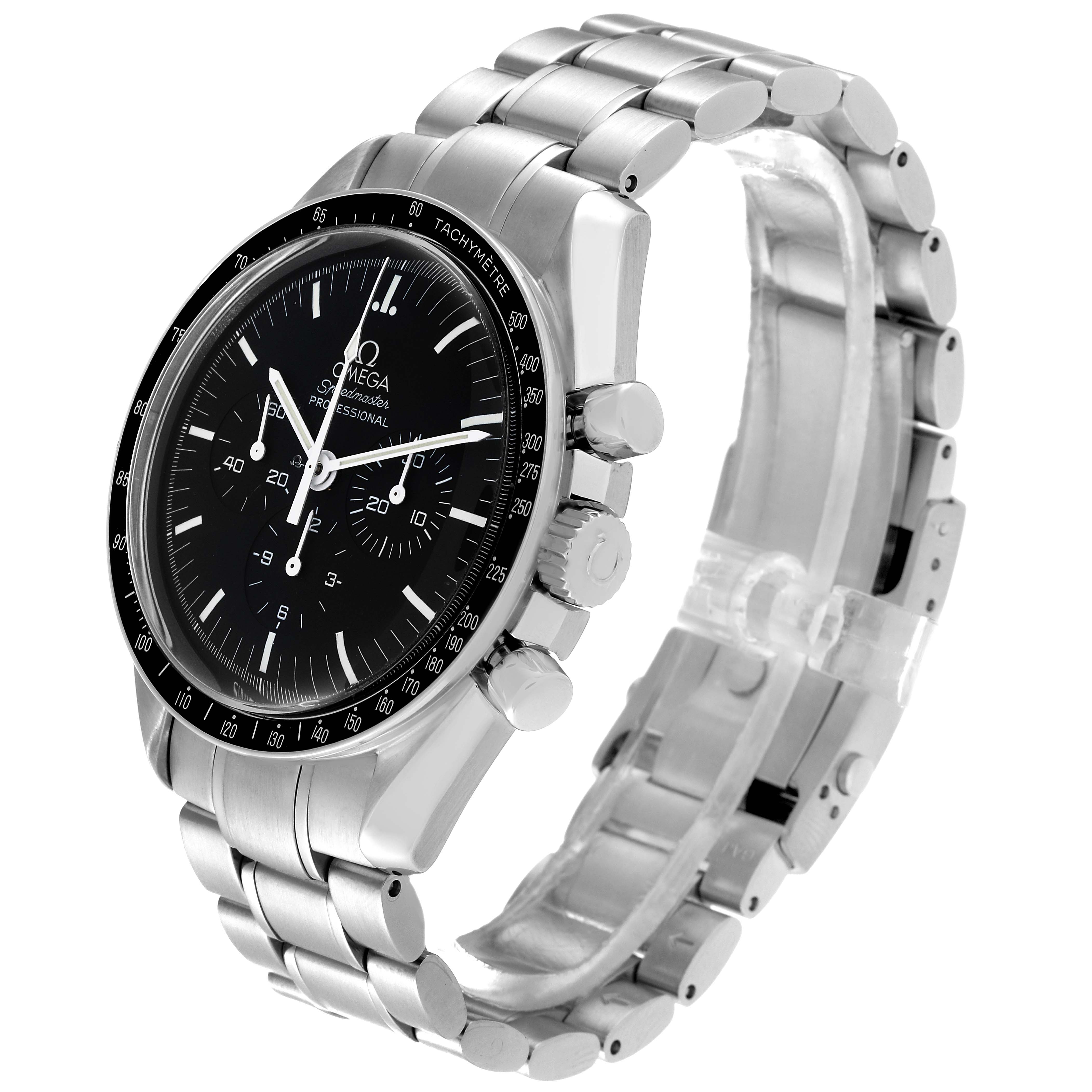 This image shows an Omega Speedmaster 3572.50.00 Men
s Stainless Steel Black Dial 3572.50.00 Men
s Stainless Steel Black Dial watch at an angle highlighting the face, bezel, crown, pushers, and part of the bracelet.
