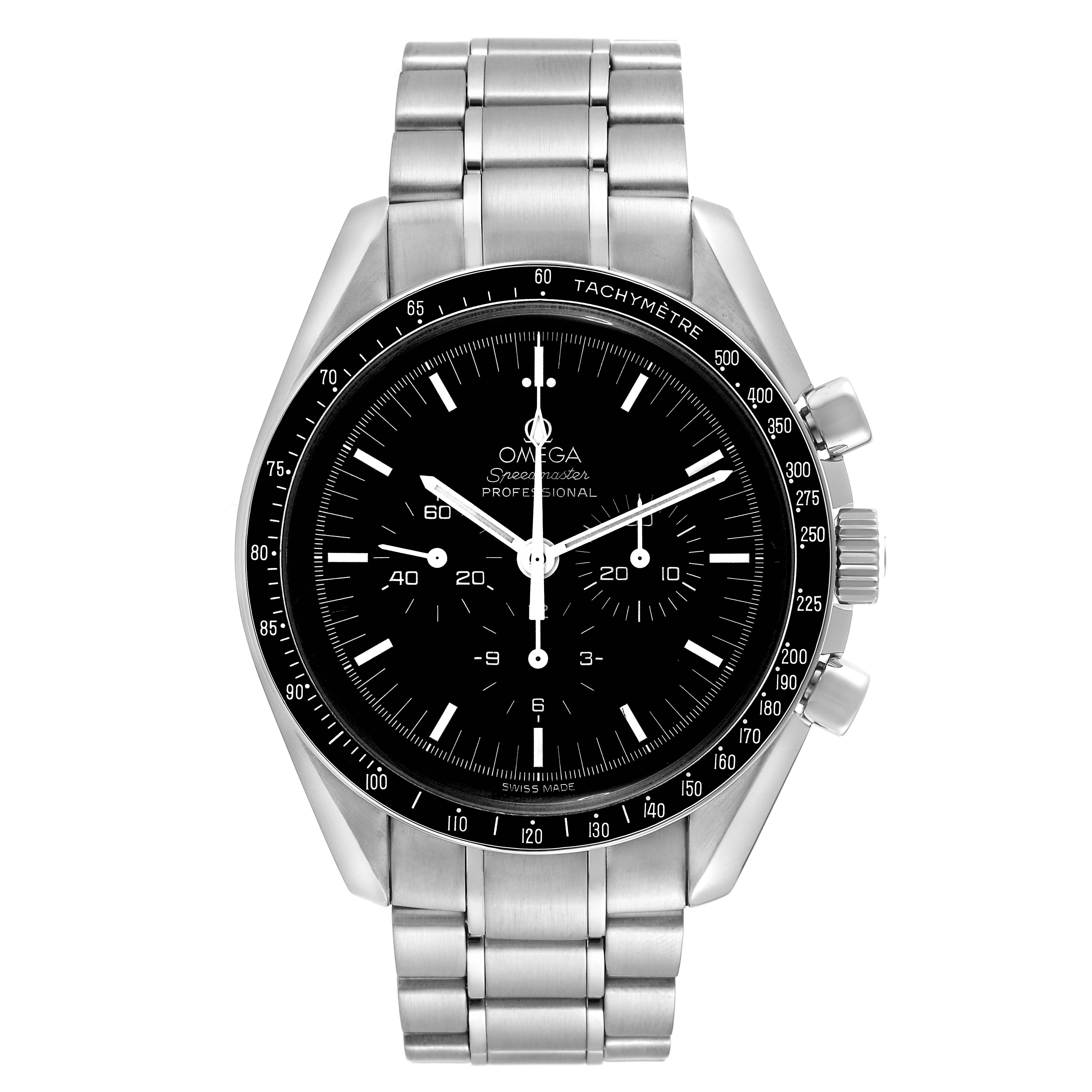 This image shows a front view of the Omega Speedmaster 3572.50.00 Men
s Stainless Steel Black Dial 3572.50.00 Men
s Stainless Steel Black Dial Professional watch, highlighting its dial, bezel, and stainless steel bracelet.