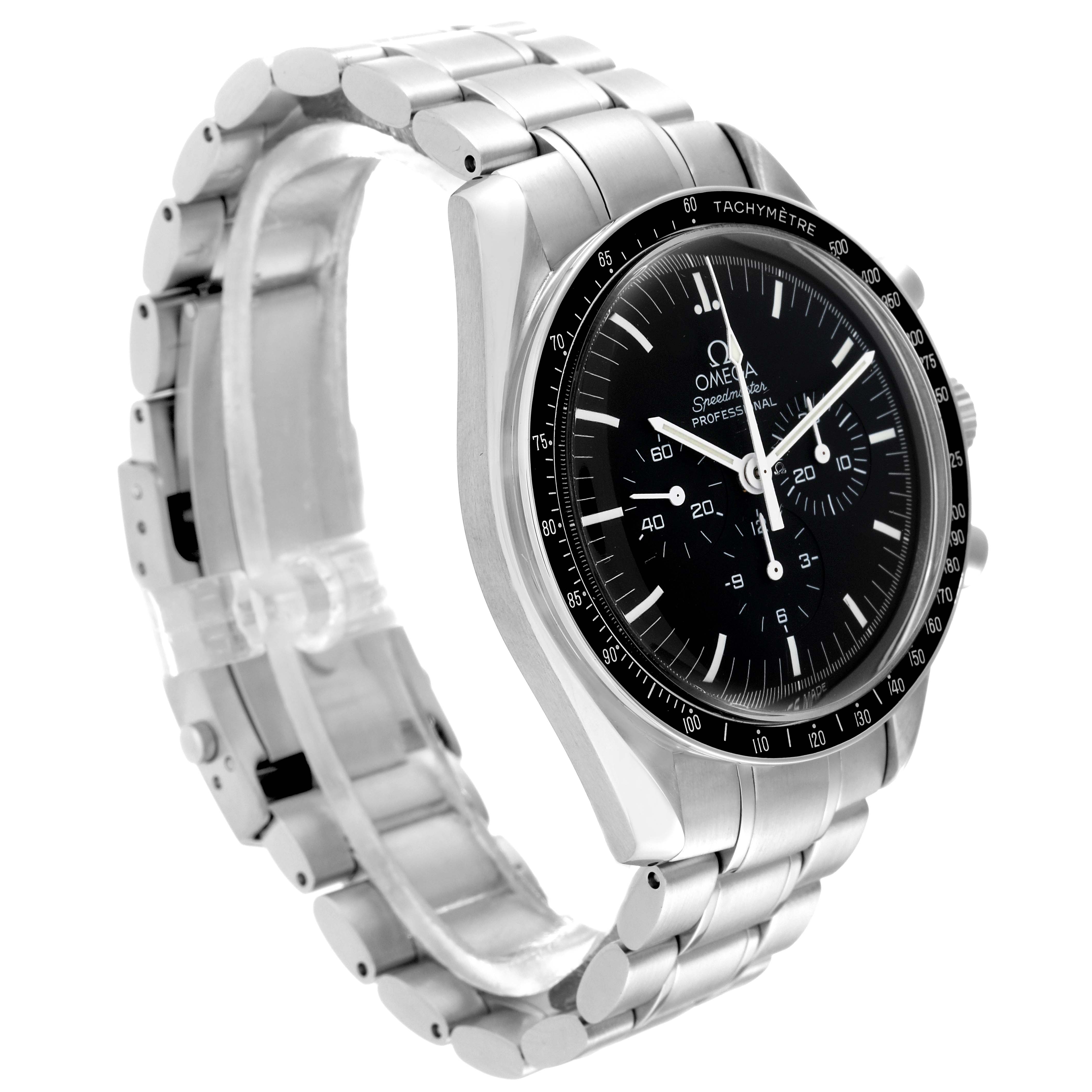 The Omega Speedmaster 3572.50.00 Men
s Stainless Steel Black Dial 3572.50.00 Men
s Stainless Steel Black Dial watch is shown from an angled side view, displaying the face, bezel, and steel bracelet.