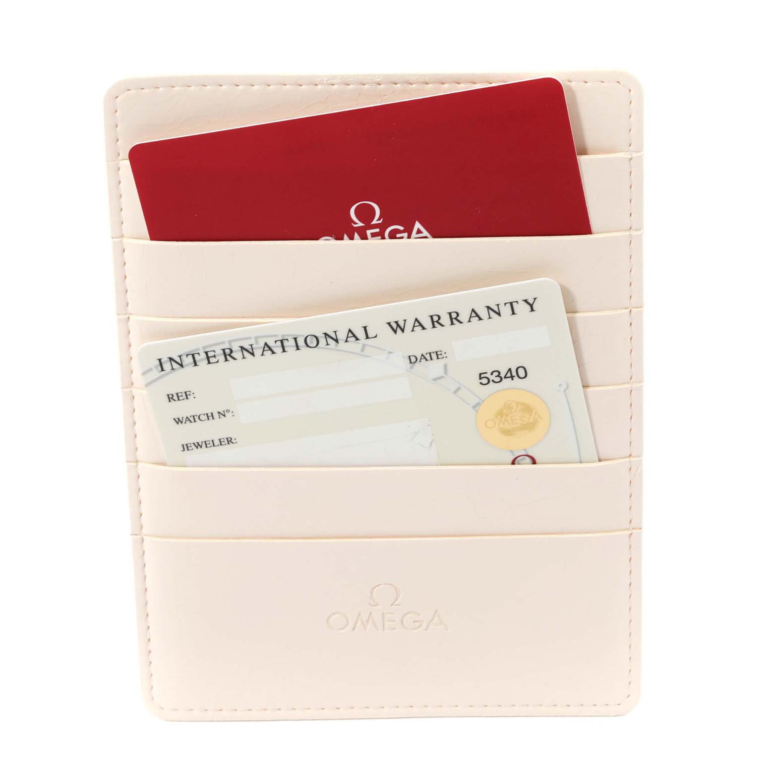 This image shows the warranty card holder for an Omega Speedmaster 3572.50.00 Men
s Stainless Steel Black Dial 3572.50.00 Men
s Stainless Steel Black Dial watch, containing the international warranty card and a red Omega card.