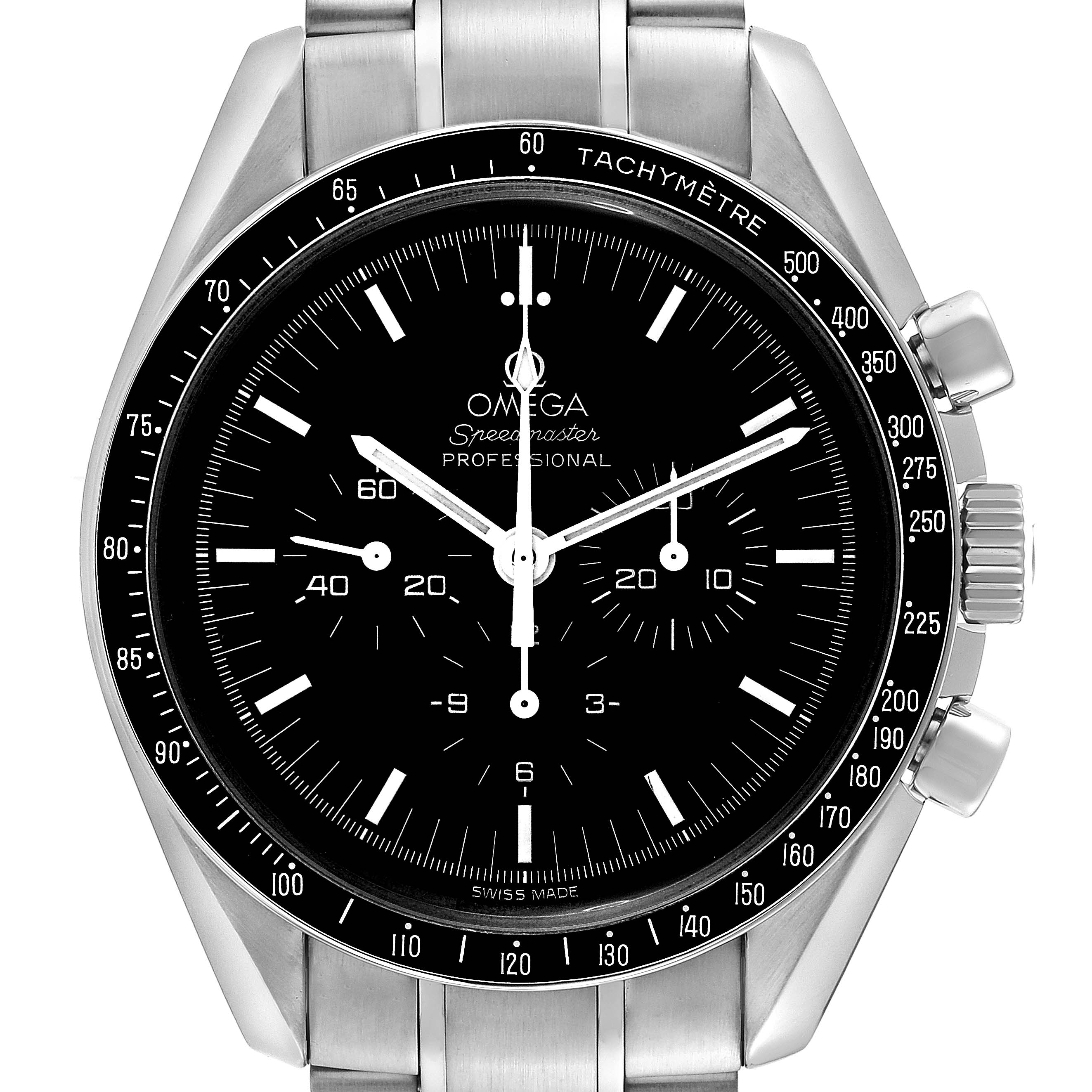 The image shows a frontal view of an Omega Speedmaster 3572.50.00 Men
s Stainless Steel Black Dial 3572.50.00 Men
s Stainless Steel Black Dial watch, highlighting its face, bezel, and crown.