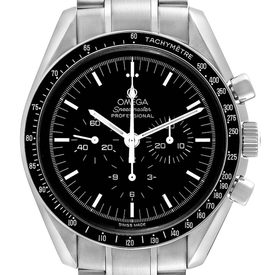 The image shows a frontal view of an Omega Speedmaster watch, highlighting its face, bezel, and crown.