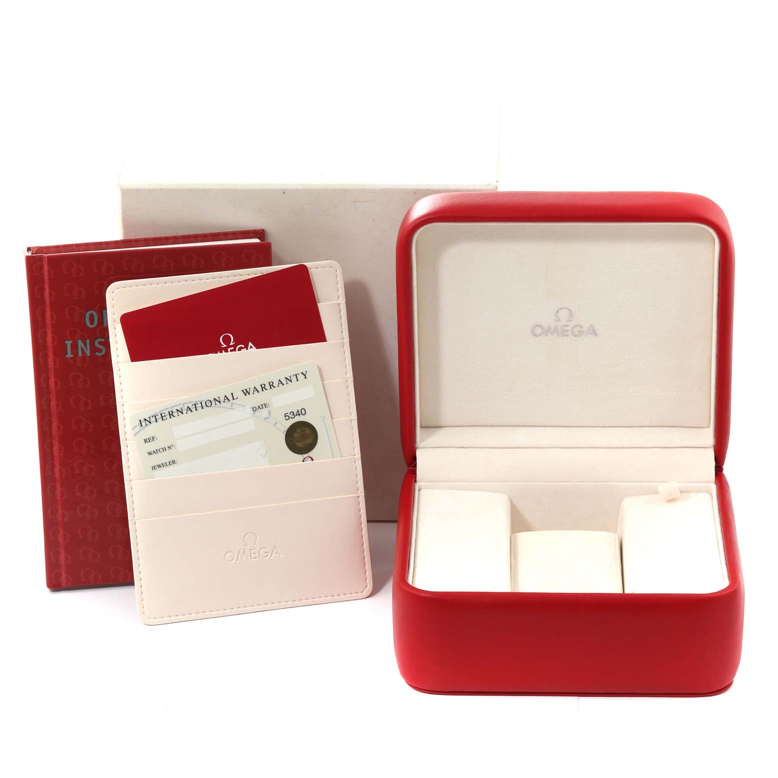 The image shows a red Omega Speedmaster 3572.50.00 Men
s Stainless Steel Black Dial 3572.50.00 Men
s Stainless Steel Black Dial watch box, an international warranty cardholder, and an instruction manual.