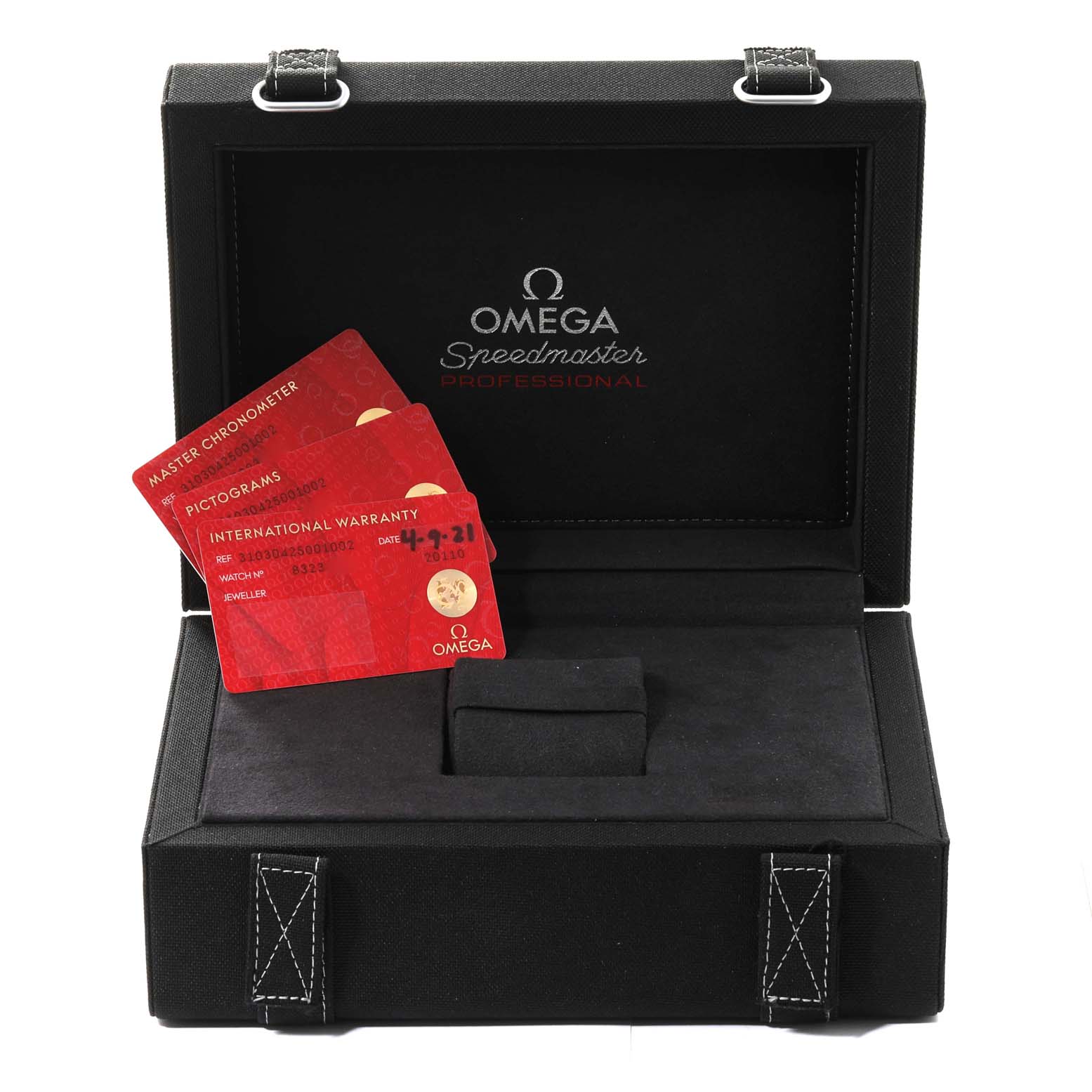 The image shows the opened box of an Omega Speedmaster 310.30.42.50.01.002 Men
s Stainless Steel Black Dial 310.30.42.50.01.002 Men
s Stainless Steel Black Dial along with the certification cards.