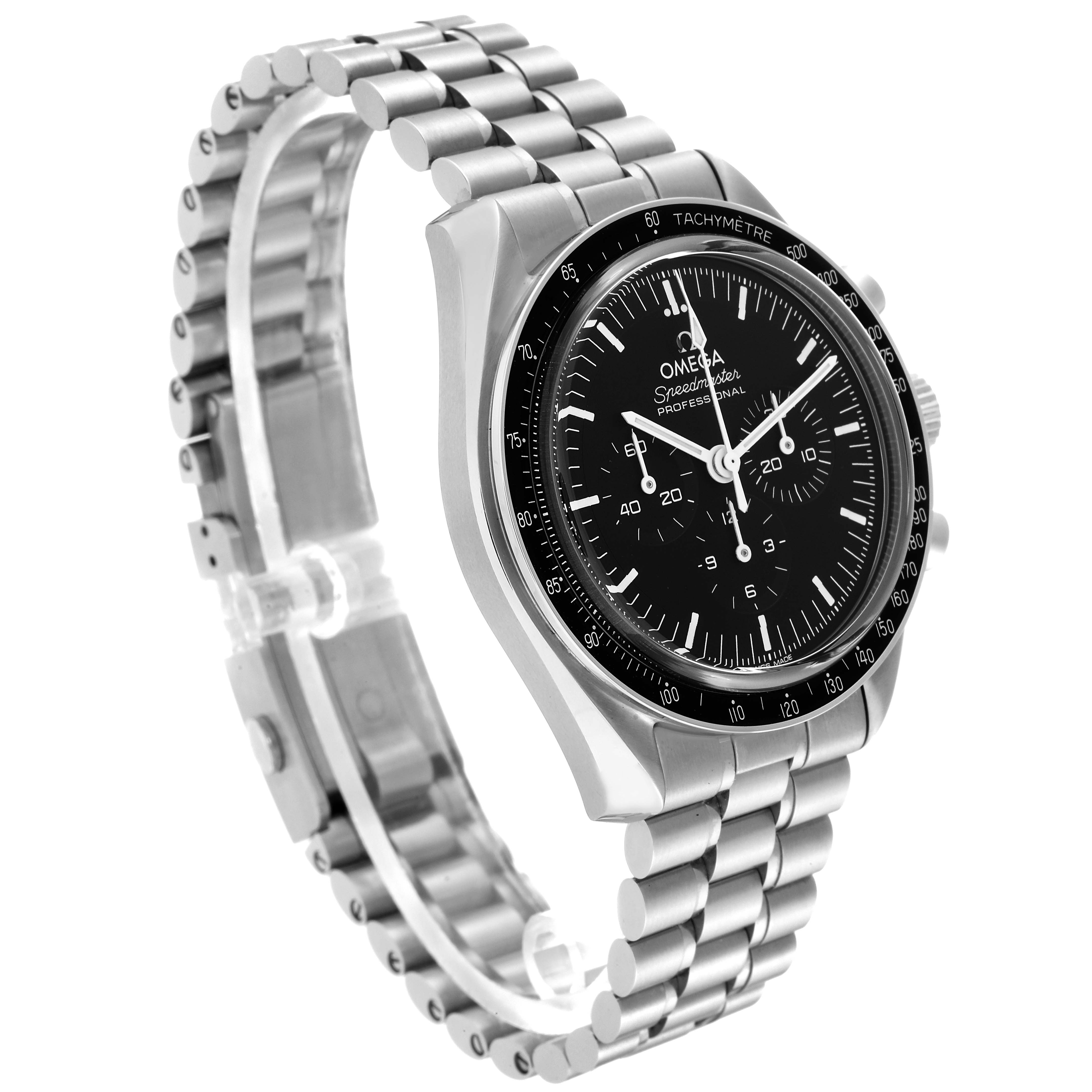 The Omega Speedmaster 310.30.42.50.01.002 Men
s Stainless Steel Black Dial 310.30.42.50.01.002 Men
s Stainless Steel Black Dial watch is shown at a three-quarter angle, featuring the face, bezel, and metal bracelet.