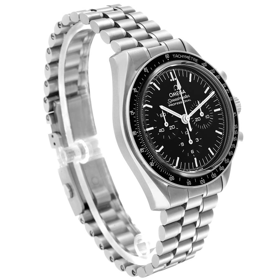 The Omega Speedmaster watch is shown at a three-quarter angle, featuring the face, bezel, and metal bracelet.