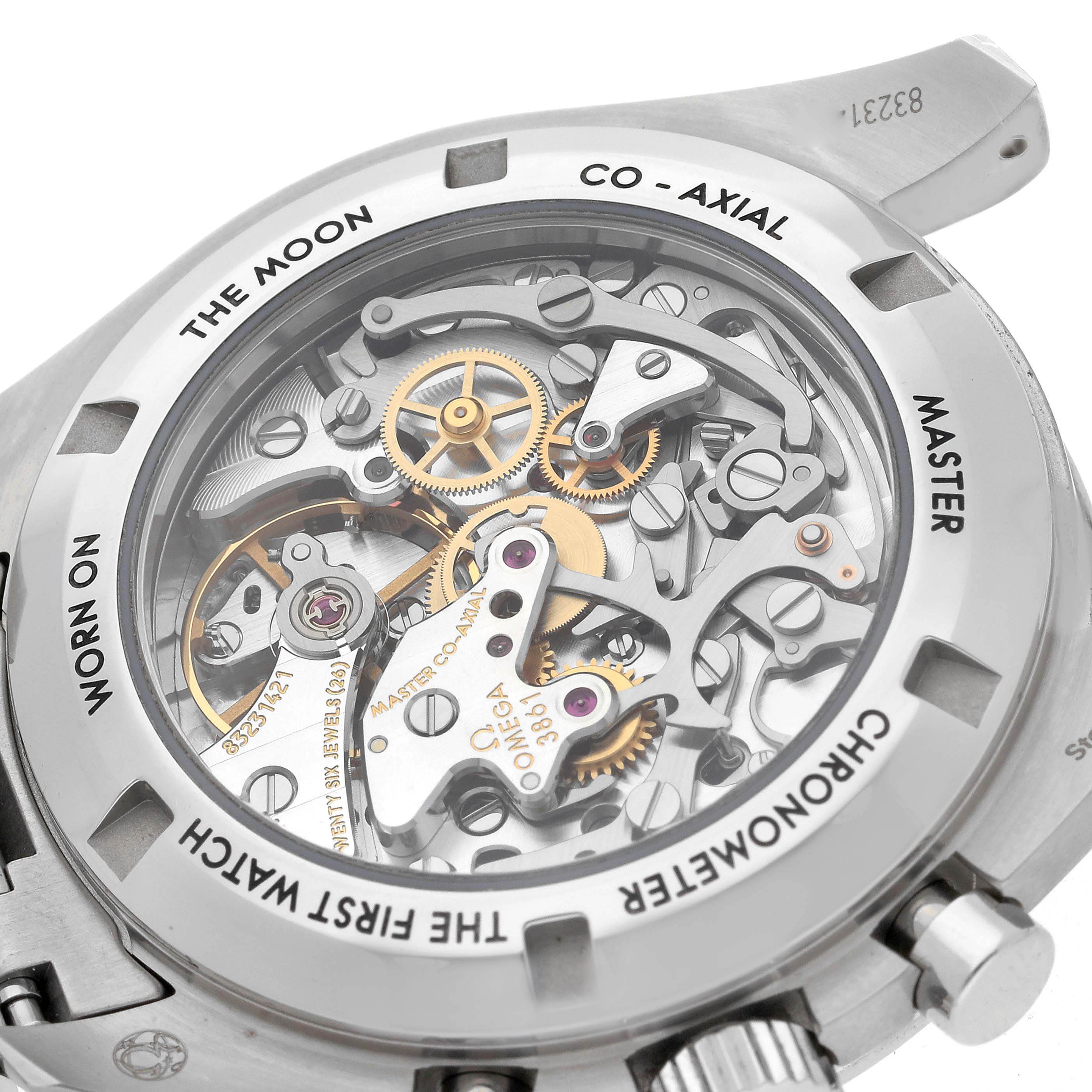 The image shows the back of an Omega Speedmaster 310.30.42.50.01.002 Men
s Stainless Steel Black Dial 310.30.42.50.01.002 Men
s Stainless Steel Black Dial watch, revealing its intricate mechanical movement.