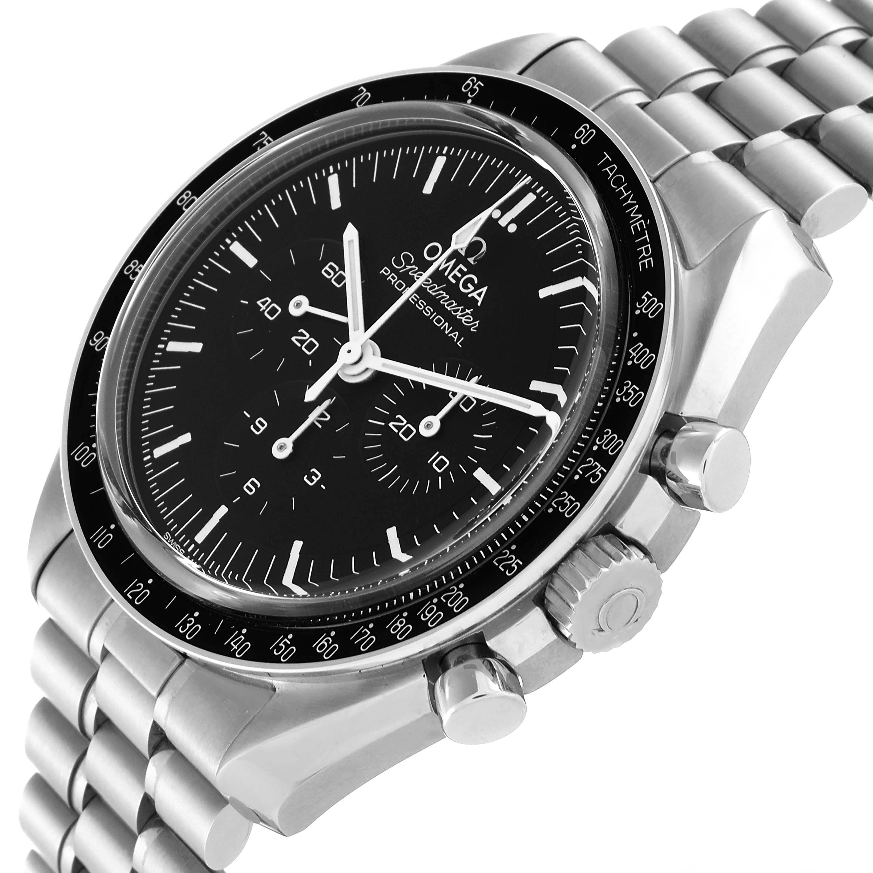 The image shows the Omega Speedmaster 310.30.42.50.01.002 Men
s Stainless Steel Black Dial 310.30.42.50.01.002 Men
s Stainless Steel Black Dial watch at an angled side view, highlighting the face, crown, pushers, and metal bracelet.