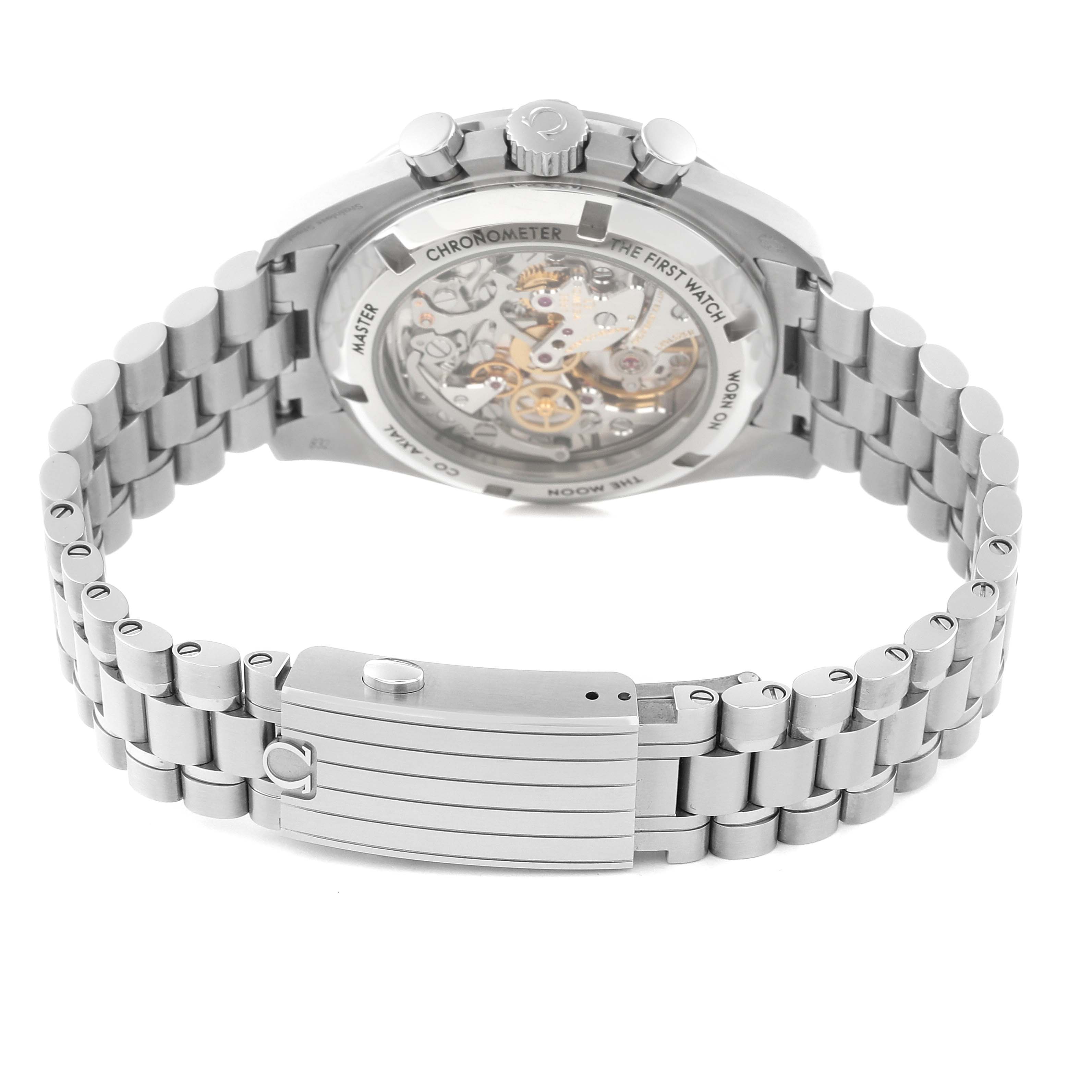 This image shows the Omega Speedmaster 310.30.42.50.01.002 Men
s Stainless Steel Black Dial 310.30.42.50.01.002 Men
s Stainless Steel Black Dial watch from the back, highlighting the transparent case back and metal bracelet.