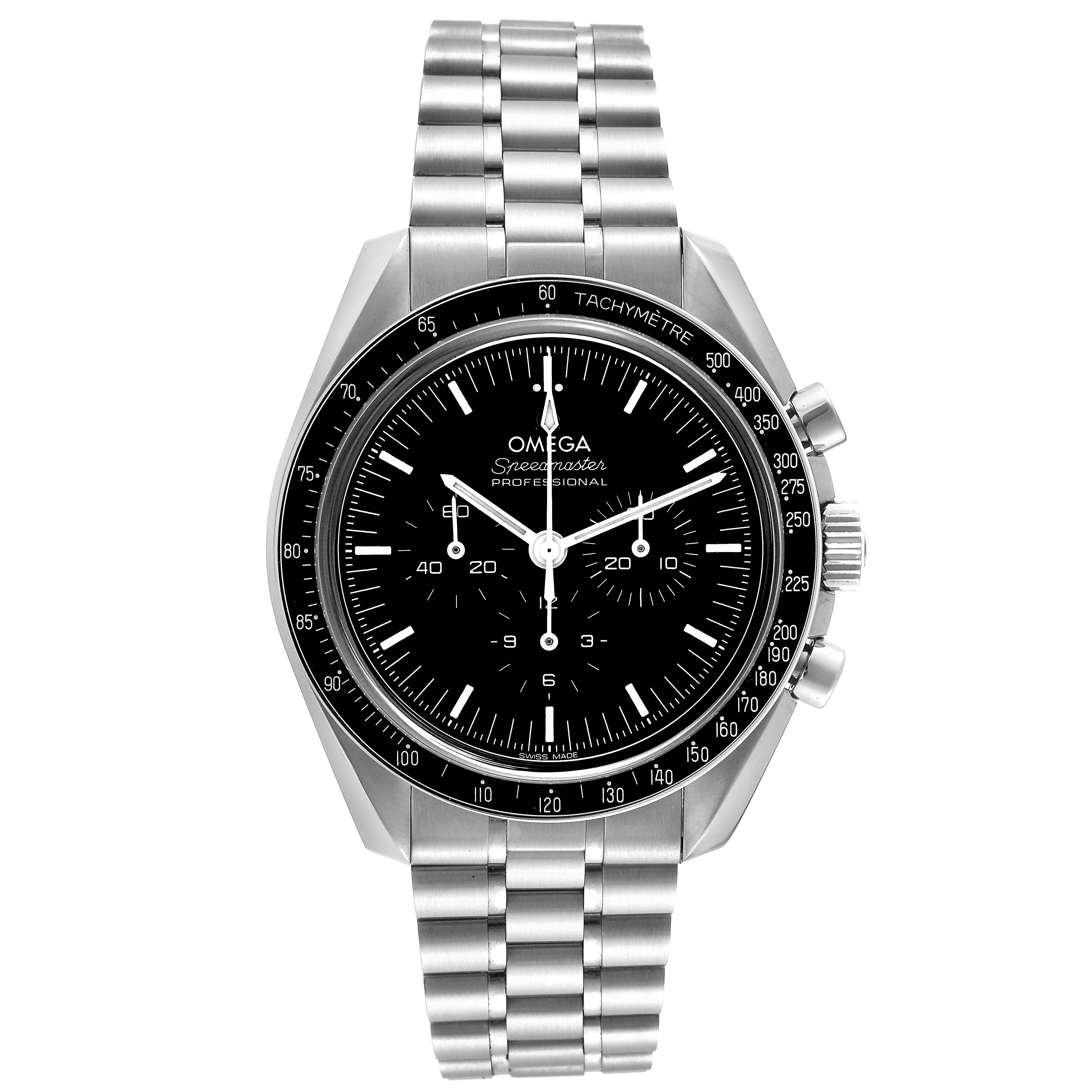 The image shows a front view of the Omega Speedmaster 310.30.42.50.01.002 Men
s Stainless Steel Black Dial 310.30.42.50.01.002 Men
s Stainless Steel Black Dial watch, displaying its dial, bezel, case, and bracelet.