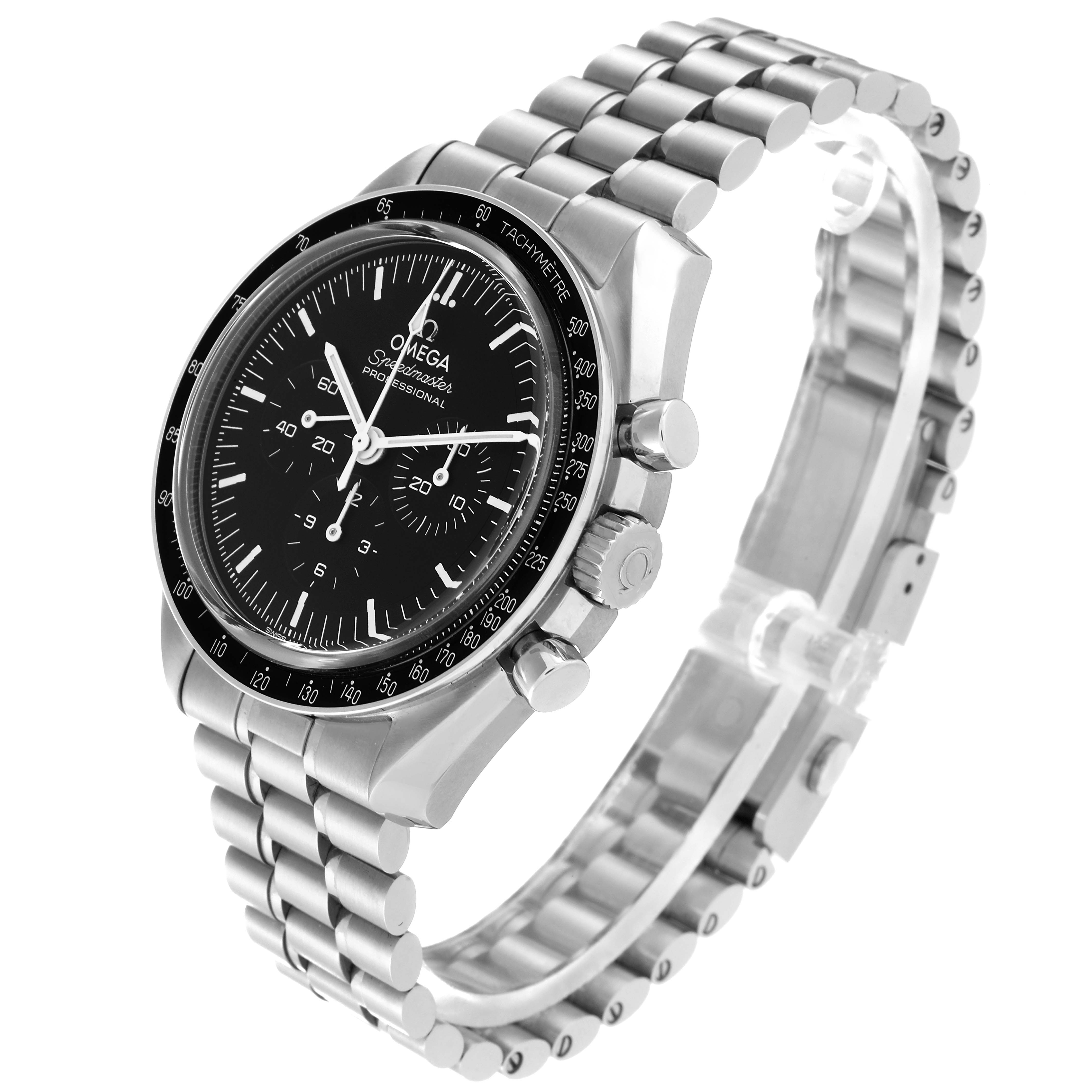 This Omega Speedmaster 310.30.42.50.01.002 Men
s Stainless Steel Black Dial 310.30.42.50.01.002 Men
s Stainless Steel Black Dial watch is shown at a three-quarter angle, highlighting the case, dial, crown, pushers, and bracelet.