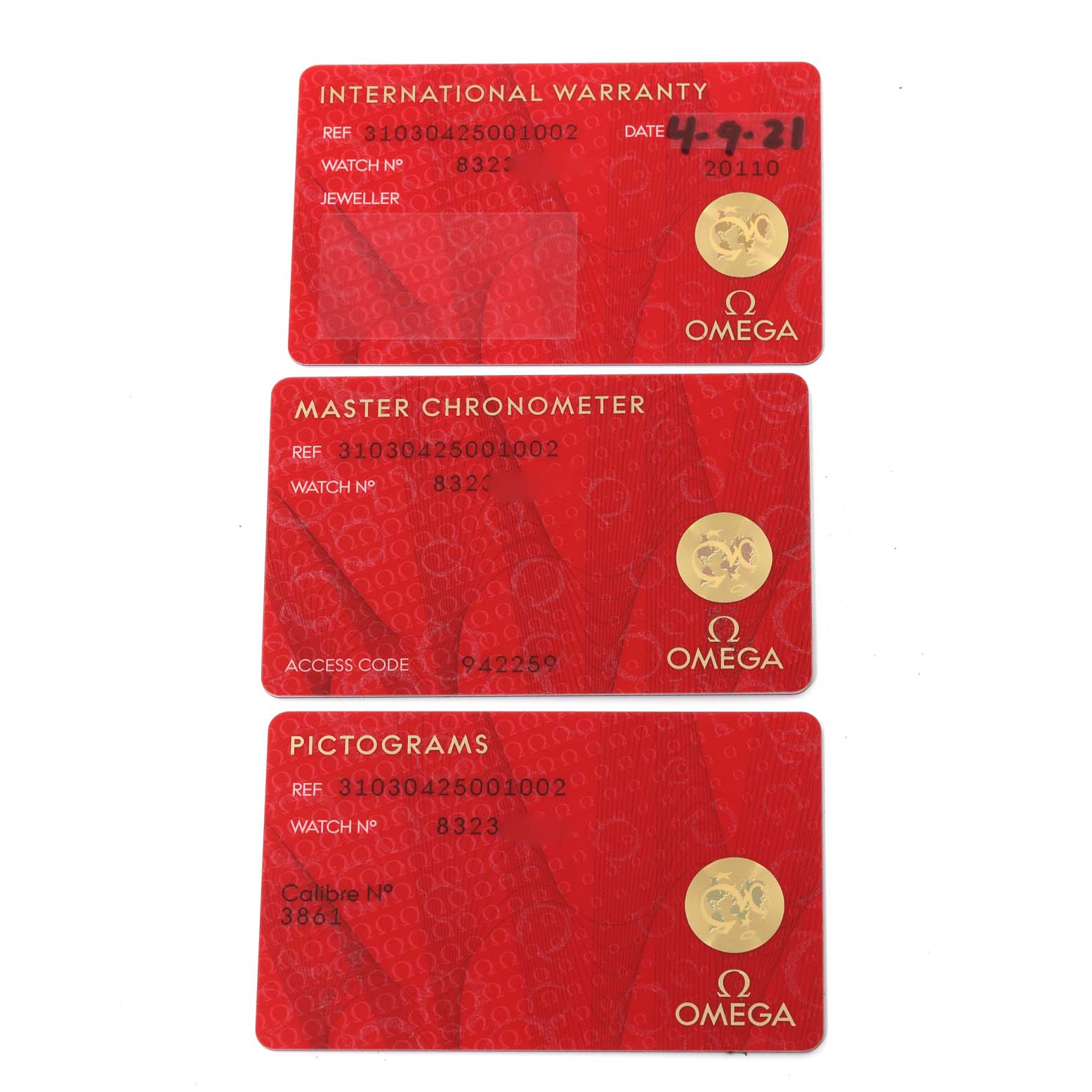 The image shows three Omega Speedmaster 310.30.42.50.01.002 Men
s Stainless Steel Black Dial 310.30.42.50.01.002 Men
s Stainless Steel Black Dial model cards: International Warranty, Master Chronometer, and Pictograms.