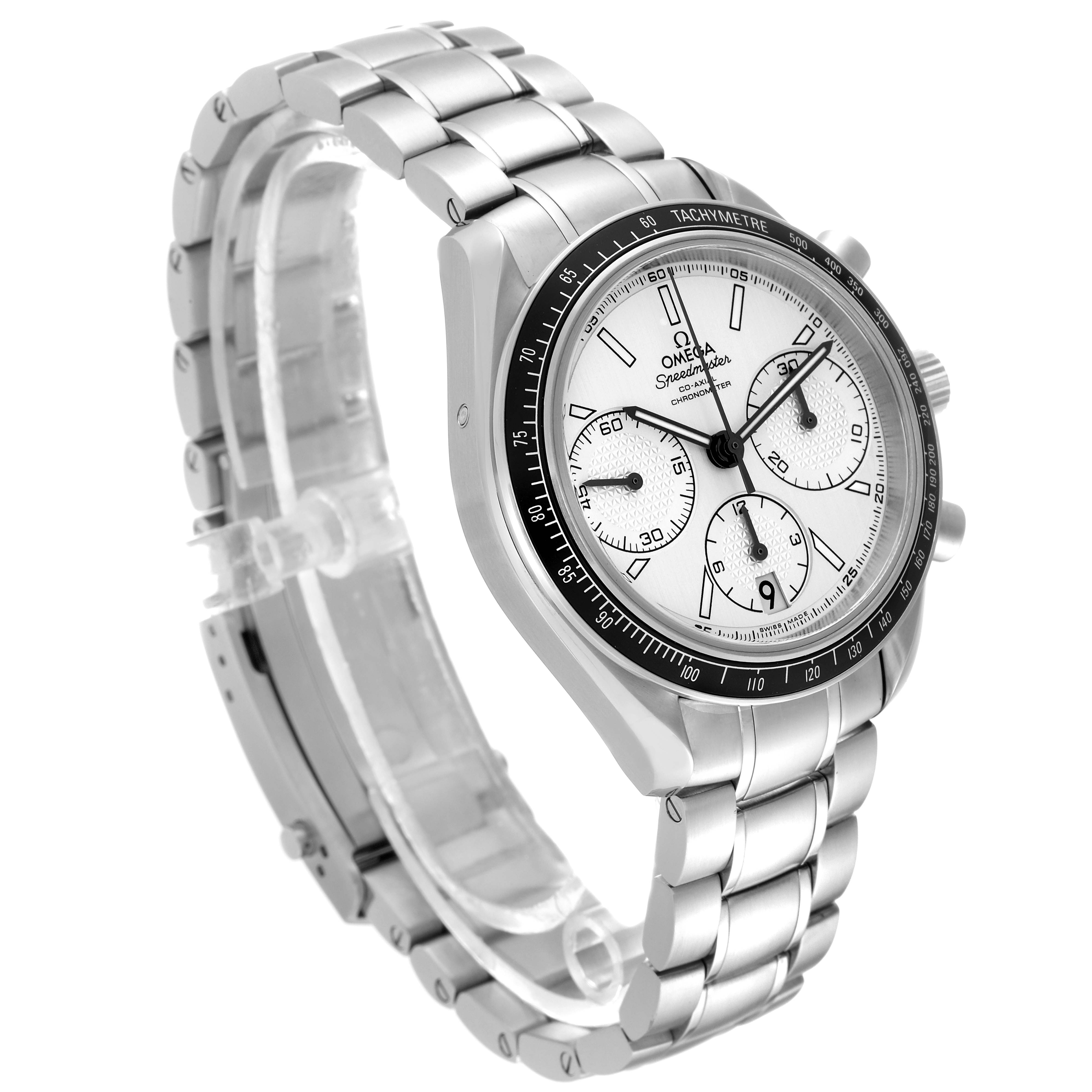 The image shows a side angle of the Omega Speedmaster 326.30.40.50.02.001 Men
s Stainless Steel Silver Dial 326.30.40.50.02.001 Men
s Stainless Steel Silver Dial watch, highlighting the face, bezel, and stainless steel bracelet.