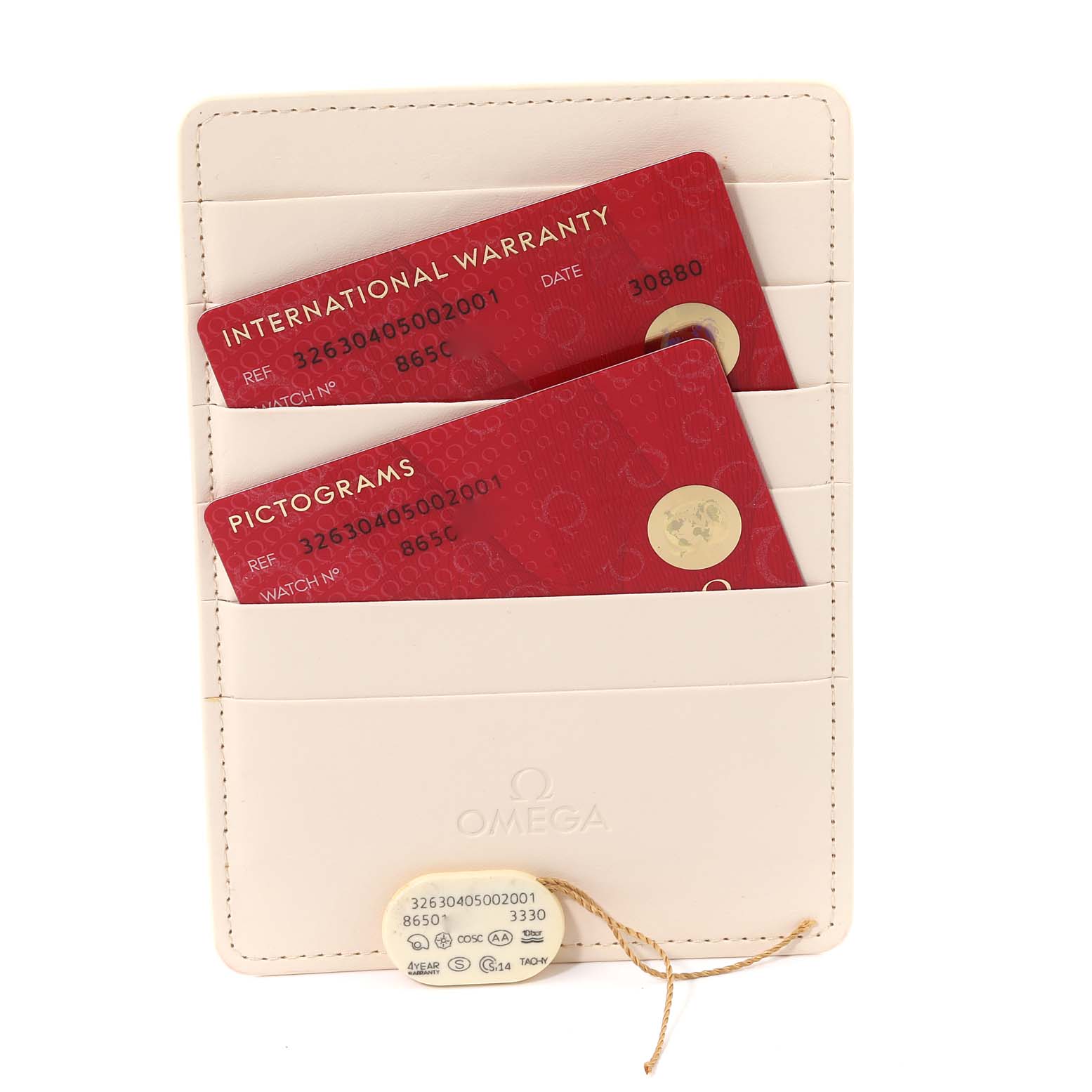 This image shows the warranty cards and tag for an Omega Speedmaster 326.30.40.50.02.001 Men
s Stainless Steel Silver Dial 326.30.40.50.02.001 Men
s Stainless Steel Silver Dial, viewed from the front.