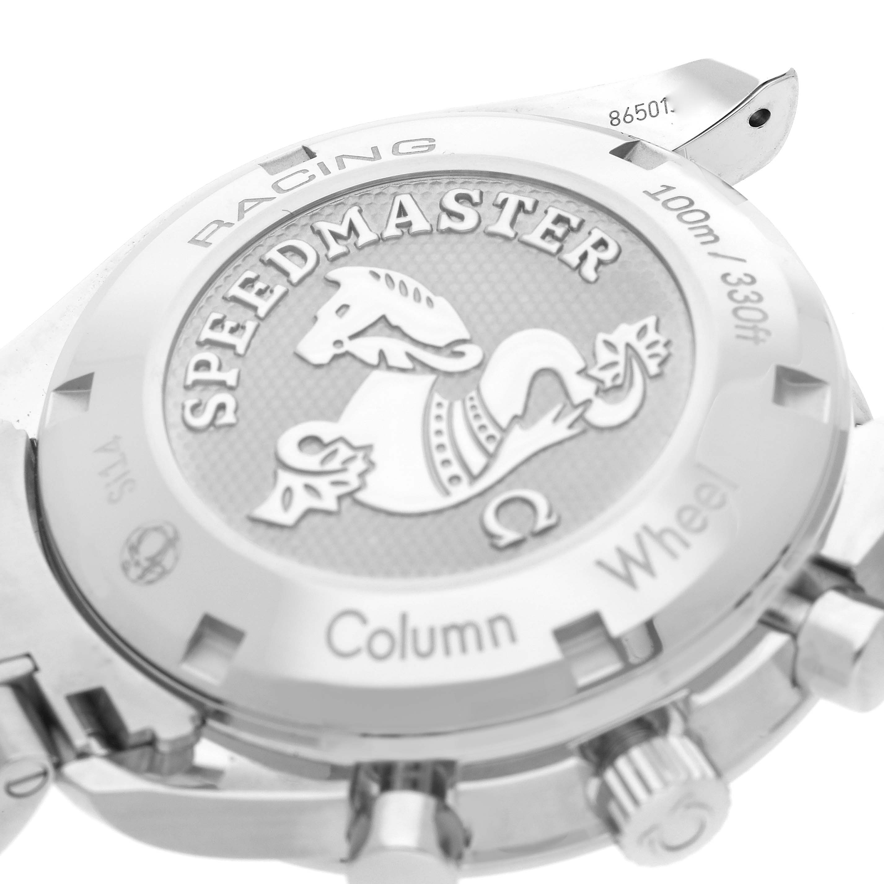 This image shows the back of an Omega Speedmaster 326.30.40.50.02.001 Men
s Stainless Steel Silver Dial 326.30.40.50.02.001 Men
s Stainless Steel Silver Dial watch, displaying the case back and part of the buckle.