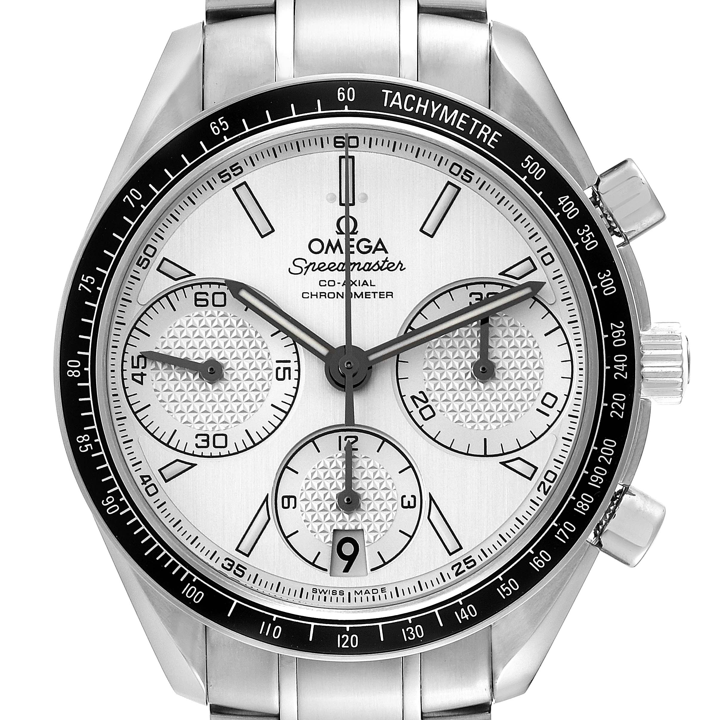 The image shows a front view of the Omega Speedmaster 326.30.40.50.02.001 Men
s Stainless Steel Silver Dial 326.30.40.50.02.001 Men
s Stainless Steel Silver Dial watch, displaying the dial, sub-dials, tachymeter bezel, and chronograph pushers.