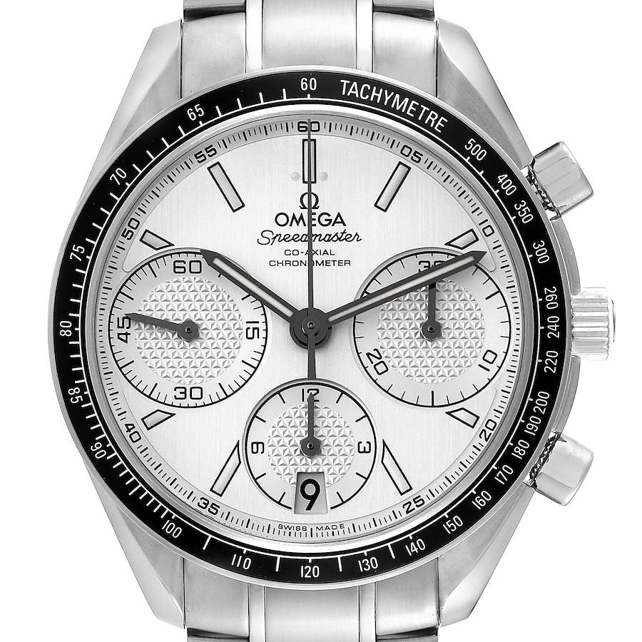 The image shows a front view of the Omega Speedmaster watch, displaying the dial, sub-dials, tachymeter bezel, and chronograph pushers.