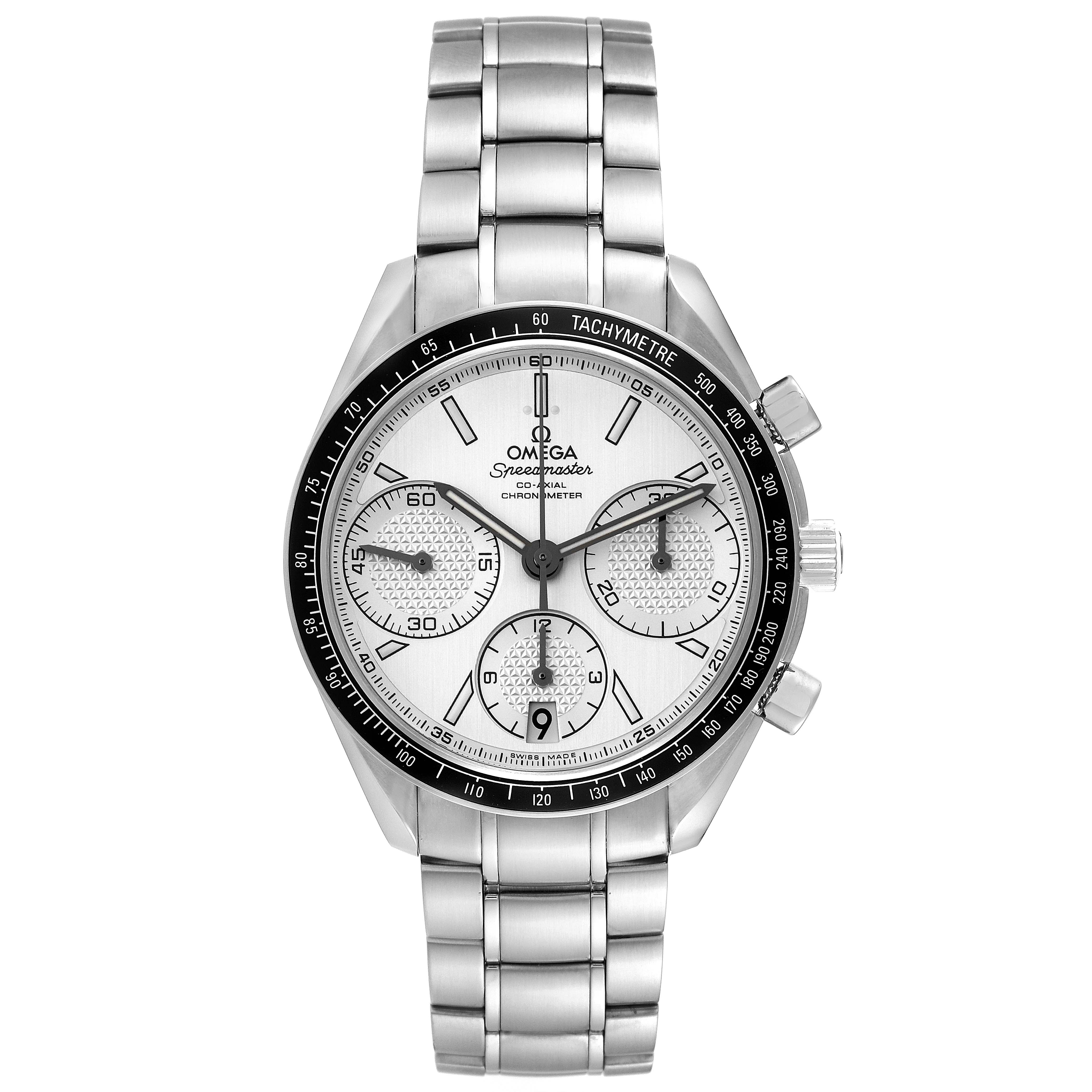 The image shows a front angle of an Omega Speedmaster 326.30.40.50.02.001 Men
s Stainless Steel Silver Dial 326.30.40.50.02.001 Men
s Stainless Steel Silver Dial watch, highlighting its dial, tachymeter bezel, and metal bracelet.