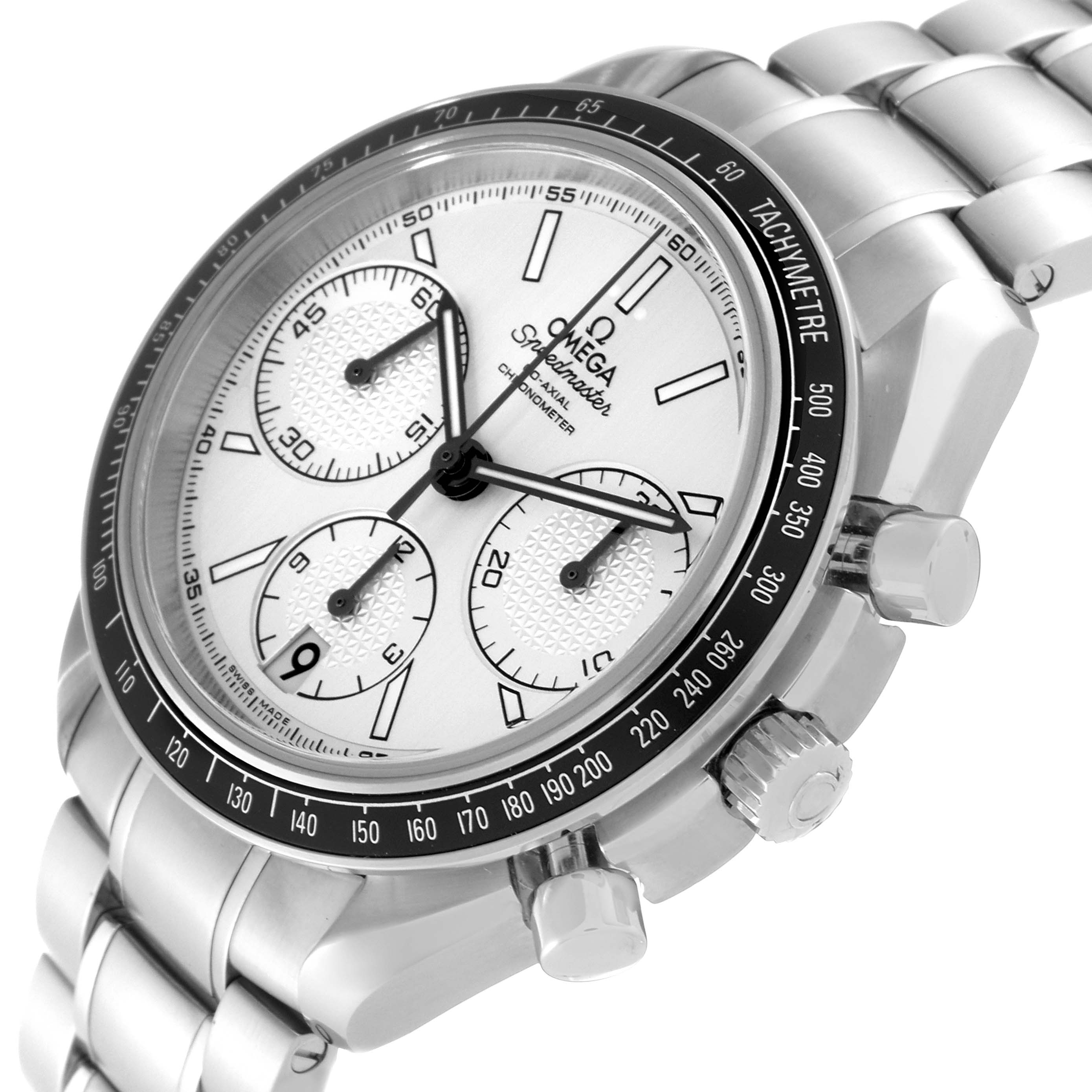 The image shows an Omega Speedmaster 326.30.40.50.02.001 Men
s Stainless Steel Silver Dial 326.30.40.50.02.001 Men
s Stainless Steel Silver Dial watch at a slight angle, highlighting the bezel, dial, and pushers.