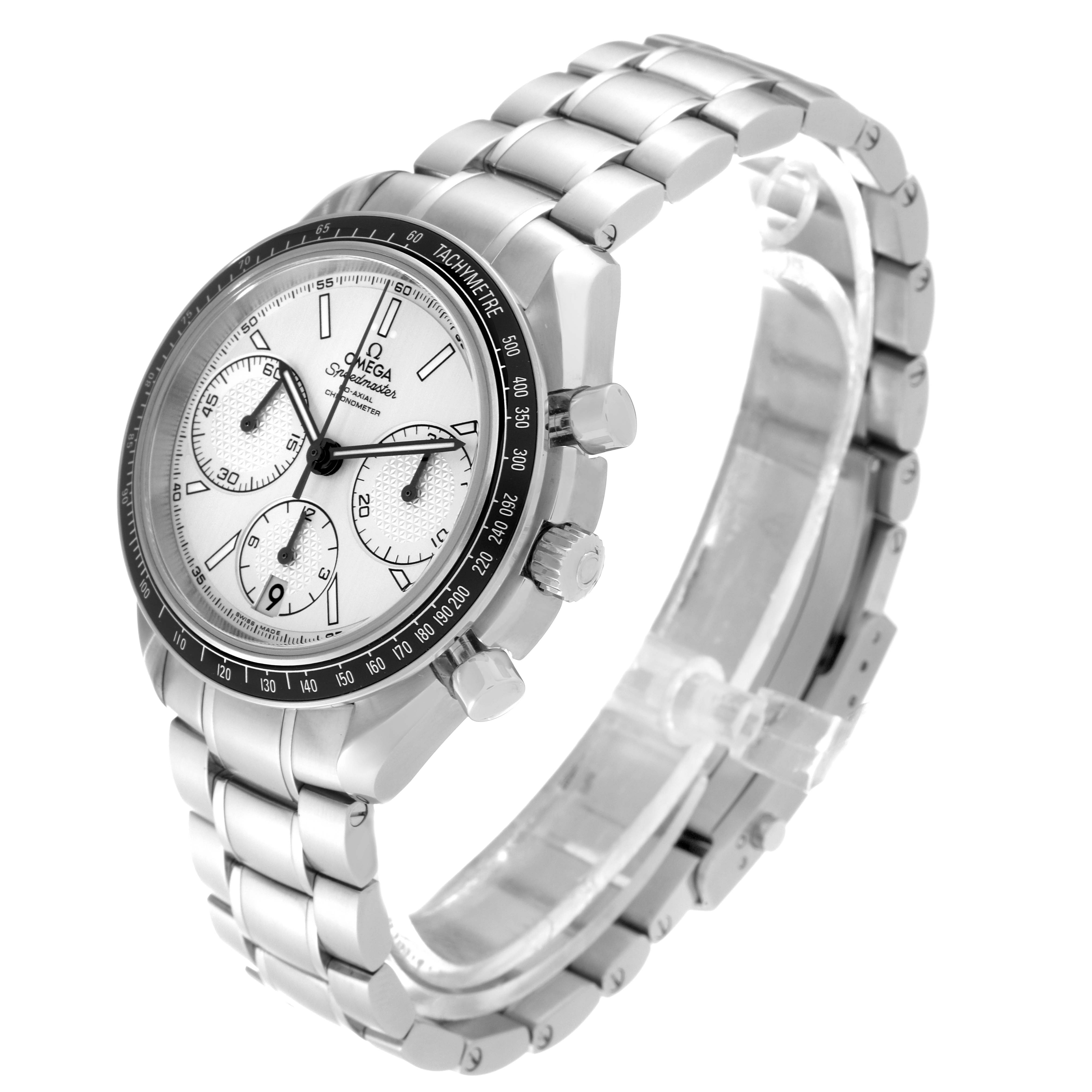 The image shows an Omega Speedmaster 326.30.40.50.02.001 Men
s Stainless Steel Silver Dial 326.30.40.50.02.001 Men
s Stainless Steel Silver Dial watch at an angled side view, highlighting the face, bezel, and metal bracelet.