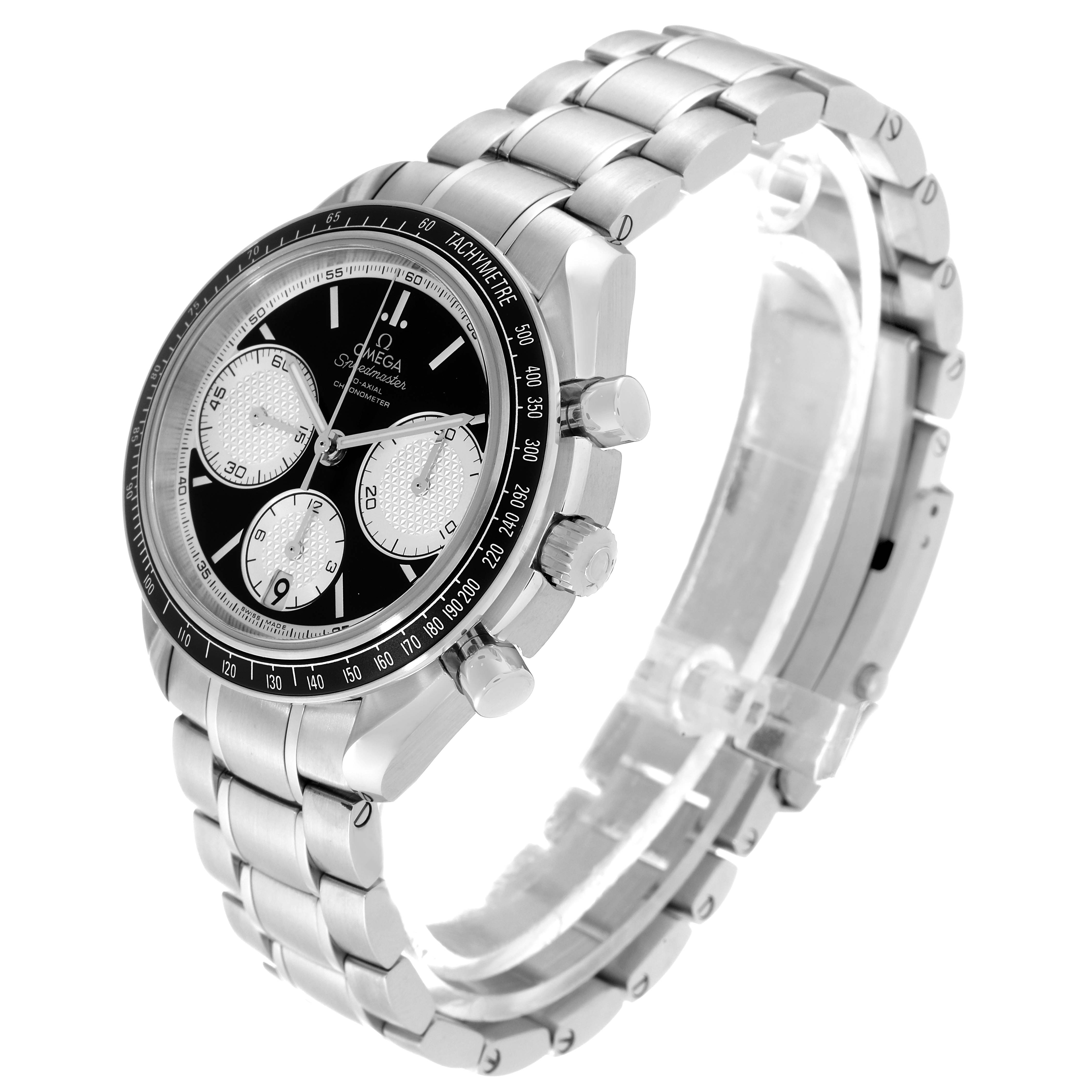 This is an angled view of an Omega Speedmaster 326.30.40.50.01.002 Men
s Stainless Steel Black Dial 326.30.40.50.01.002 Men
s Stainless Steel Black Dial watch showcasing the face, bezel, crown, and stainless steel bracelet.