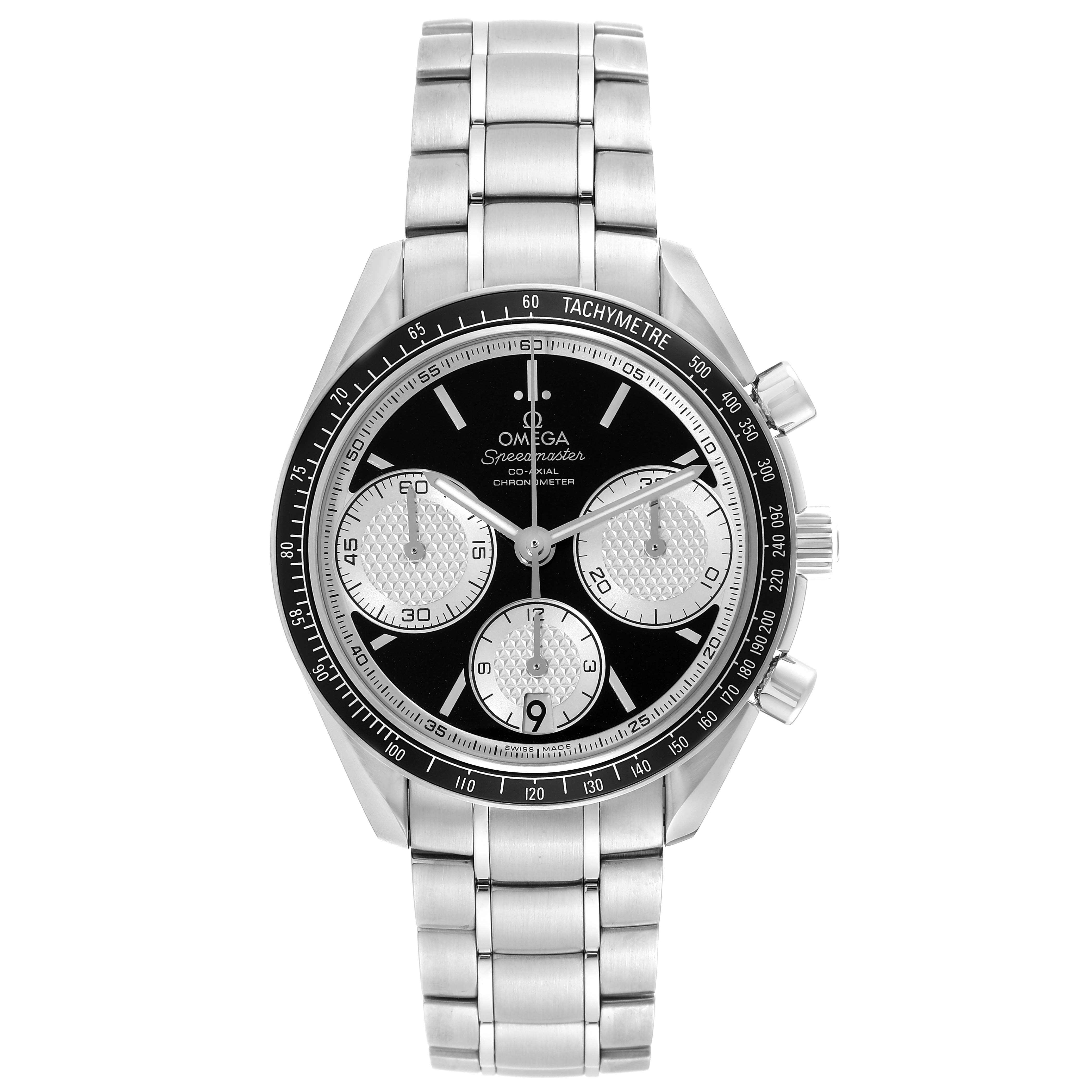 The image shows a front view of an Omega Speedmaster 326.30.40.50.01.002 Men
s Stainless Steel Black Dial 326.30.40.50.01.002 Men
s Stainless Steel Black Dial watch, featuring its dial, bezel, and stainless steel bracelet.