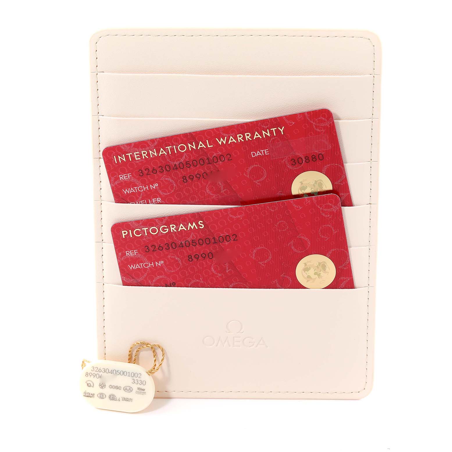 The image shows warranty cards and pictogram cards for an Omega Speedmaster 326.30.40.50.01.002 Men
s Stainless Steel Black Dial 326.30.40.50.01.002 Men
s Stainless Steel Black Dial, inside a leather cardholder.